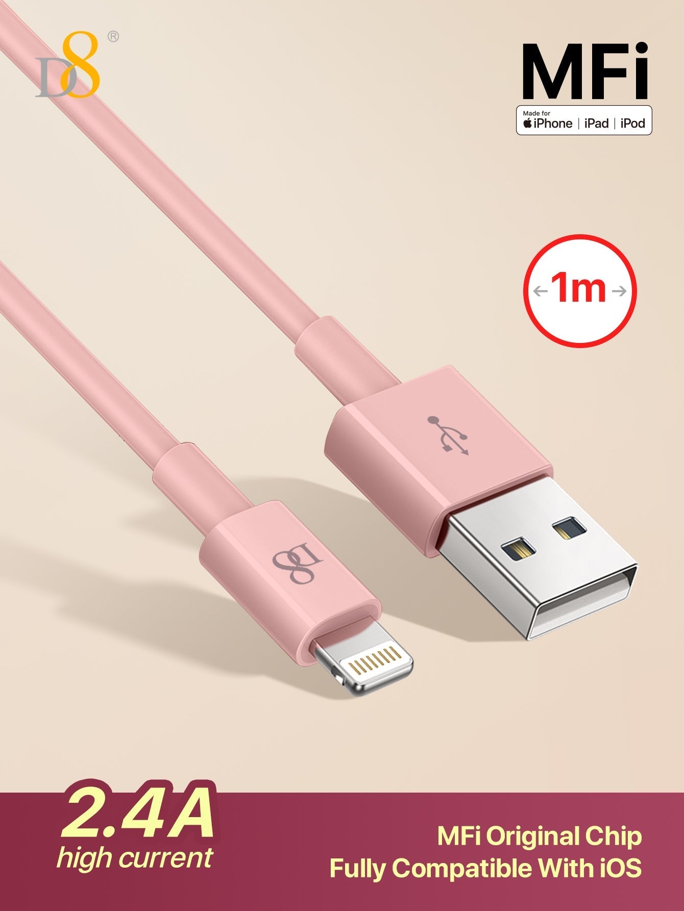 D8 MFi 인증 USB-A to 라이트닝 고속 충전 케이블 2.4A 고속 충전 | 다양한 길이 선택 | iPhone, iPad 호환