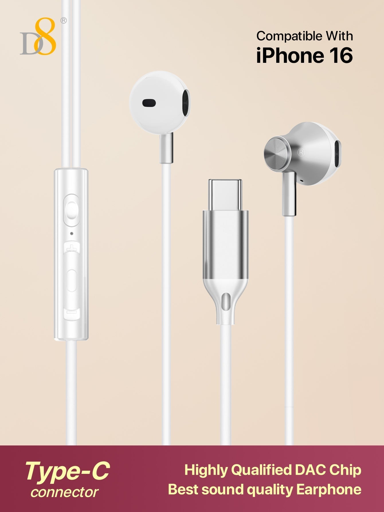 D8 USB-C 인이어 이어폰 iPhone 16 / iPad / Galaxy 시리즈 호환 | Hi-Fi 사운드 | 마이크 & 볼륨 컨트롤 탑재