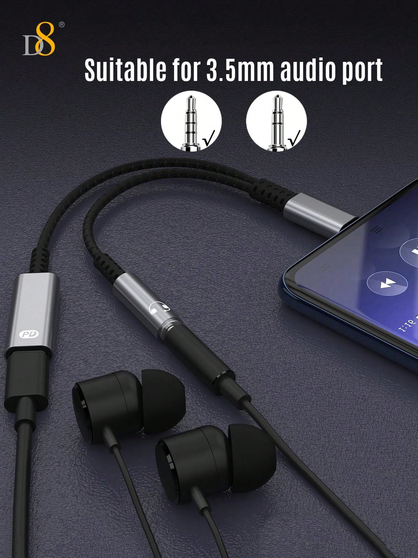 🔌 D8 USB-C to 3.5mm 2-in-1 어댑터 오디오 + 60W 고속 충전 | iPhone 16/15 Pro, Galaxy S23/S22+, iPad Pro 호환