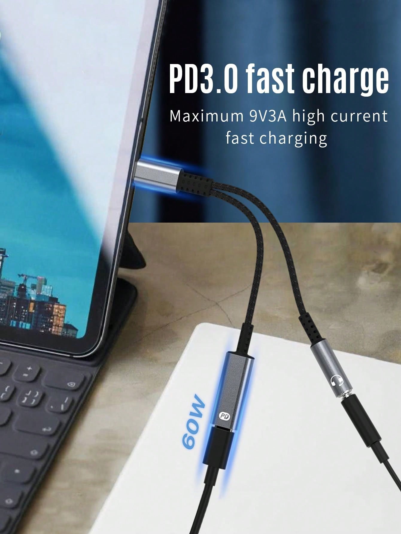 🔌 D8 USB-C to 3.5mm 2-in-1 어댑터 오디오 + 60W 고속 충전 | iPhone 16/15 Pro, Galaxy S23/S22+, iPad Pro 호환