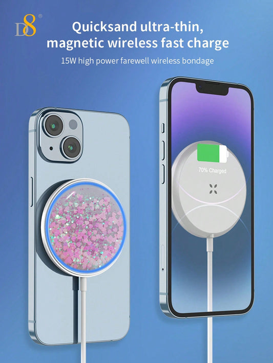 D8 15W 마그네틱 무선 충전기 iPhone 15/14/13/12 시리즈 전용 | 강력 자석 고정 | 고속 무선 충전 | C타입 케이블 포함