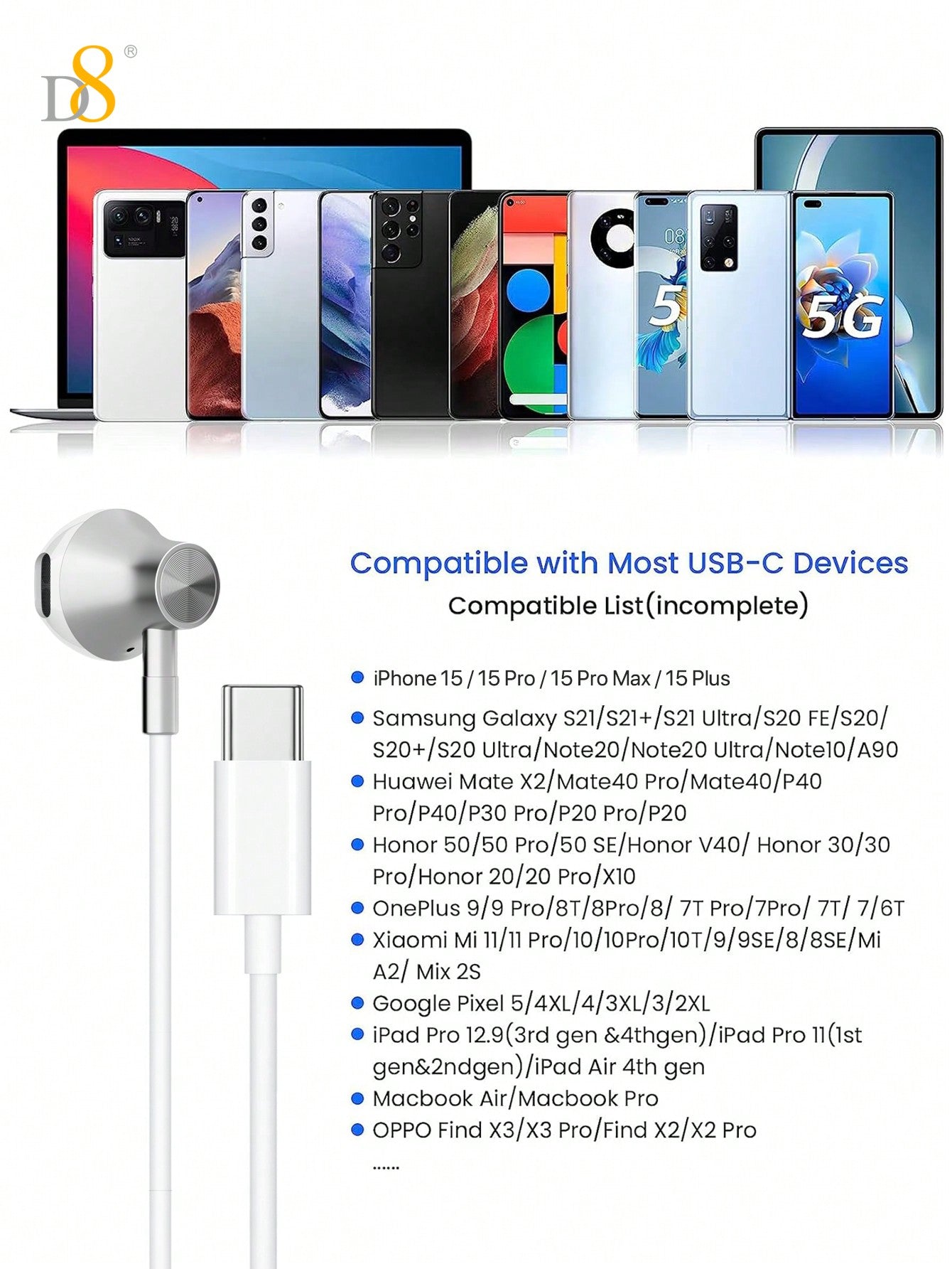 D8 USB Type-C 유선 이어폰 (마이크 & 볼륨 조절 탑재) iPhone 16 / iPad Pro / Galaxy S23 등 최신 USB-C 기기 완벽 호환