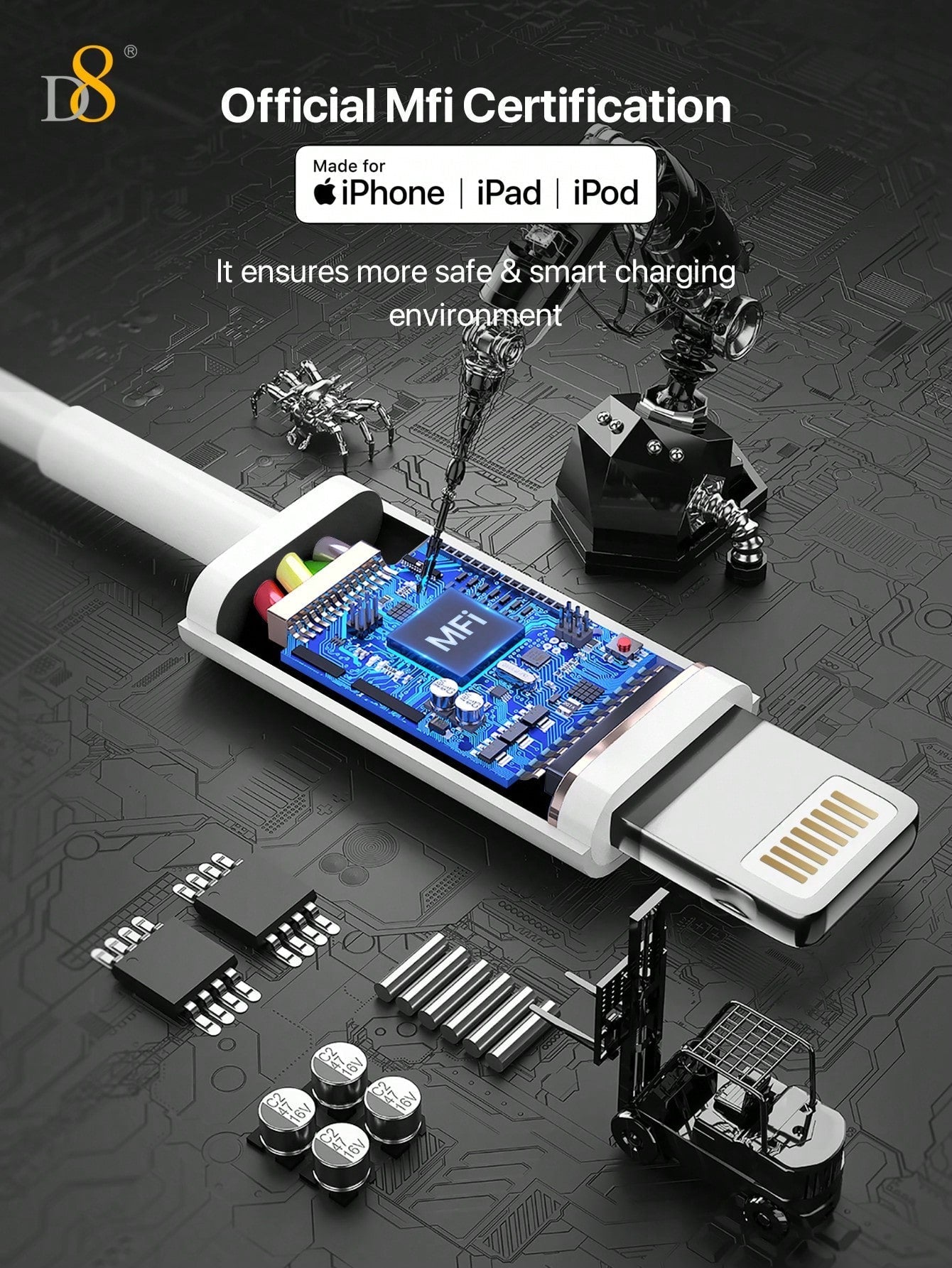 D8 1.5M MFi 인증 USB A to 라이트닝 충전 케이블 2.4A 고속 충전 | iPhone & iPad 완벽 호환 | 내구성 우수 TPE 소재