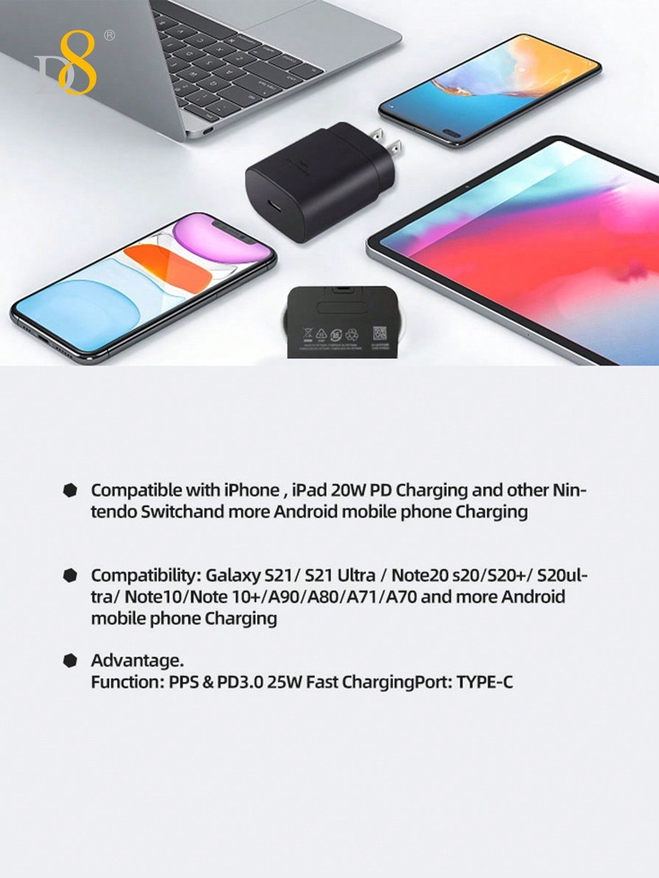D8 아이폰 15 고속 충전기 1팩 25W USB-C 충전기 + 3.3FT(1m) 케이블 세트 아이폰 16/15, 아이패드, 갤럭시 완벽 호환