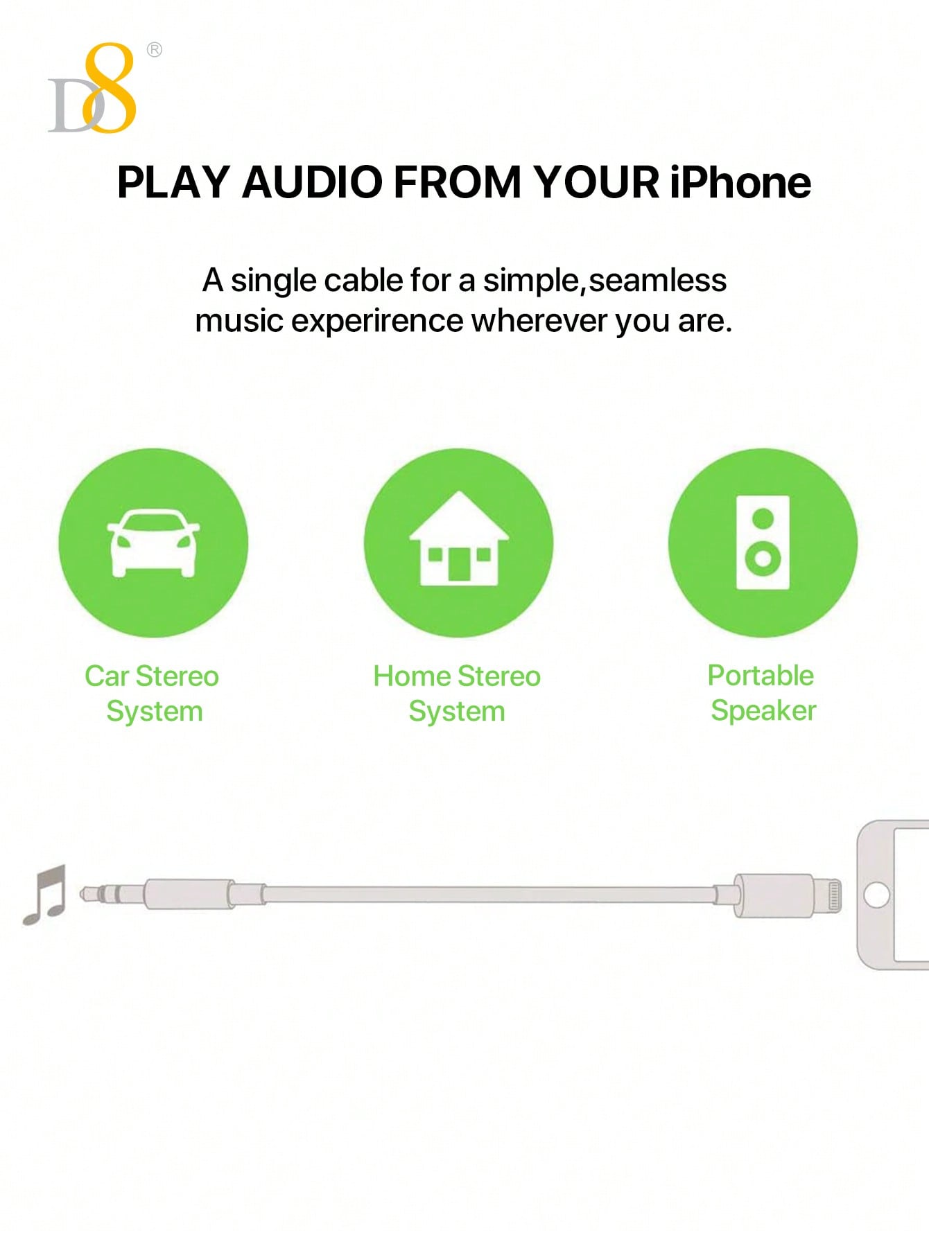 D8 아이폰 AUX 오디오 케이블 iPhone 전용 라이트닝 to 3.5mm 오디오 케이블 | 고음질 사운드, 차량/스피커/헤드폰 호환