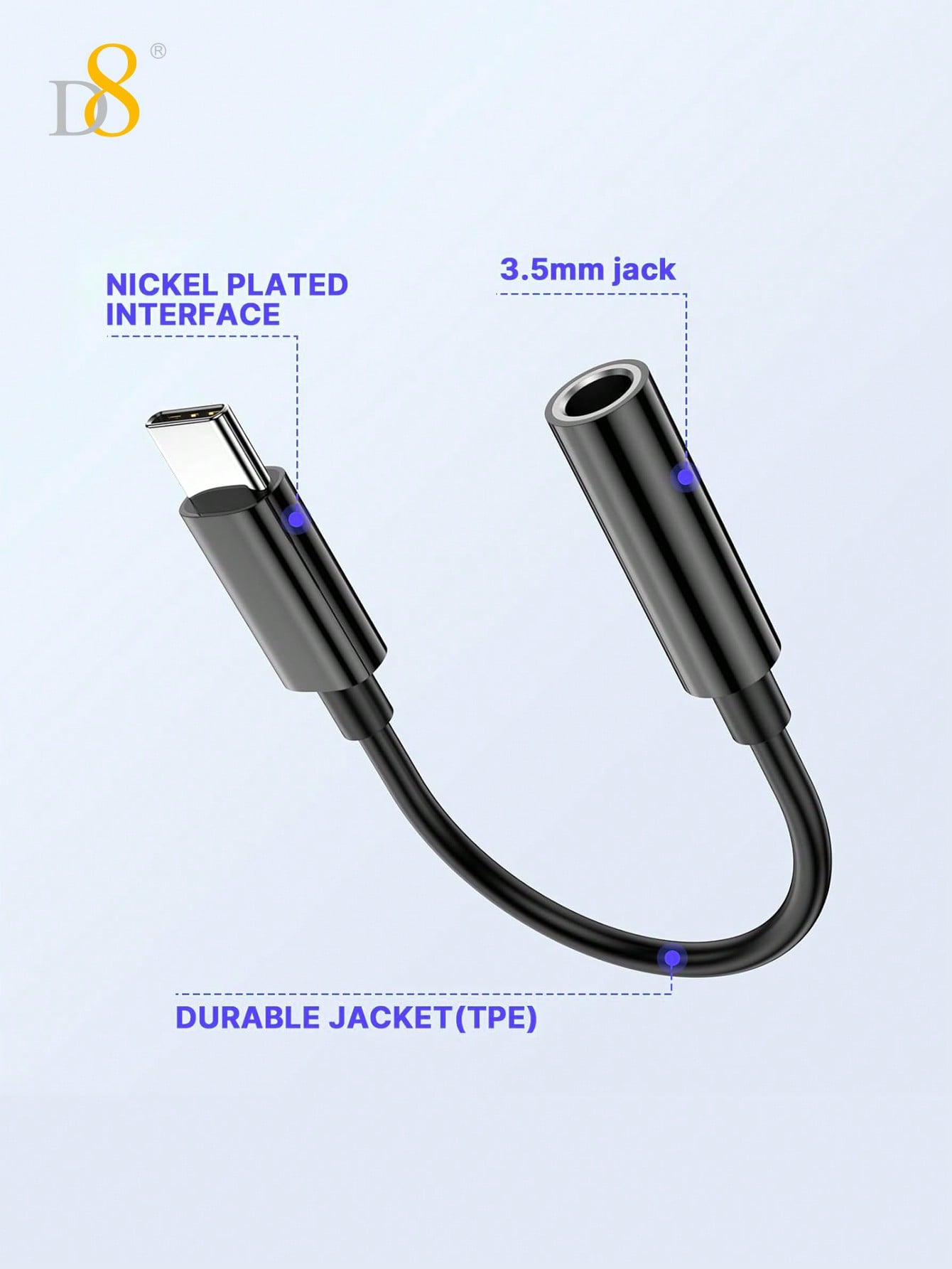 D8 USB-C to 3.5mm 오디오 어댑터 아이폰 16 / 갤럭시 S24 / 픽셀 8 / 아이패드 등 USB-C 기기 호환 | 고음질 스테레오 사운드 | 플러그 앤 플레이