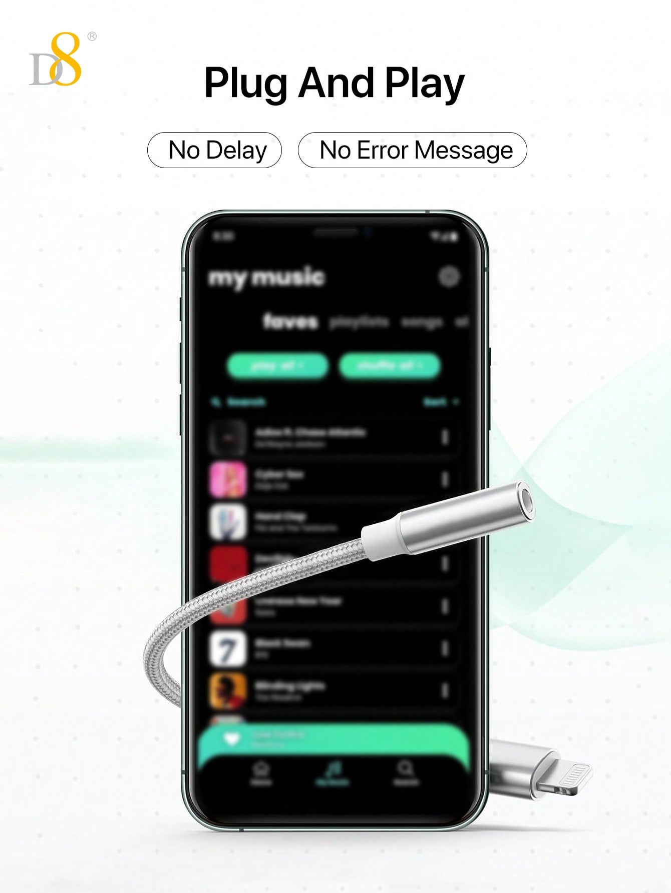 D8 라이트닝 to 3.5mm 헤드폰 어댑터 Apple MFi 인증 | 고음질 무손실 오디오 | 초경량 휴대용 | 아이폰 전 기종 호환
