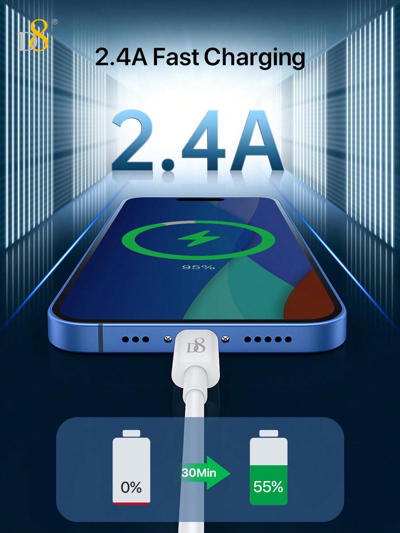 D8 1.5M MFi 인증 USB A to 라이트닝 충전 케이블 2.4A 고속 충전 | iPhone & iPad 완벽 호환 | 내구성 우수 TPE 소재
