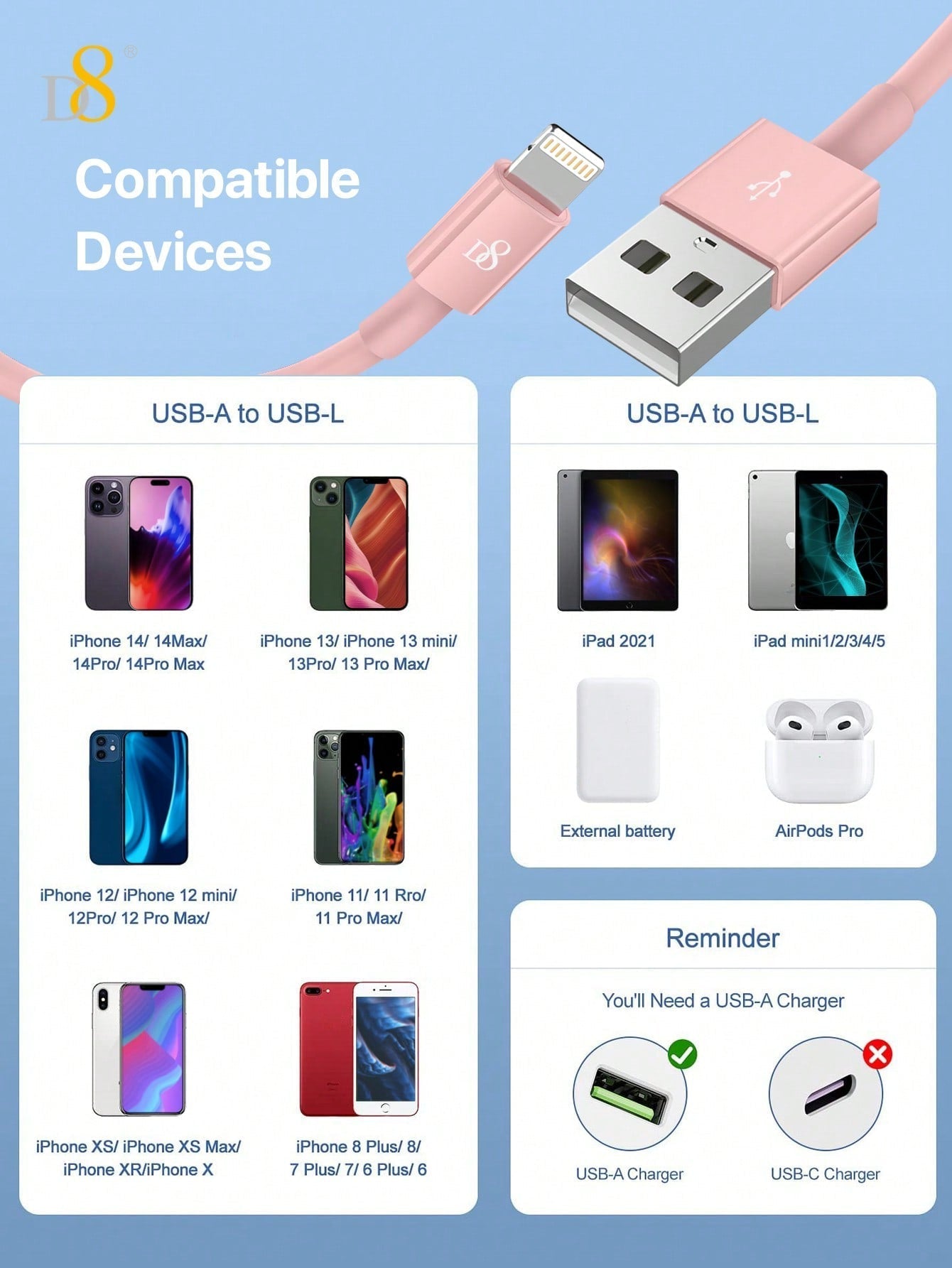 D8 MFi 인증 USB-A to 라이트닝 고속 충전 케이블 2.4A 고속 충전 | 다양한 길이 선택 | iPhone, iPad 호환