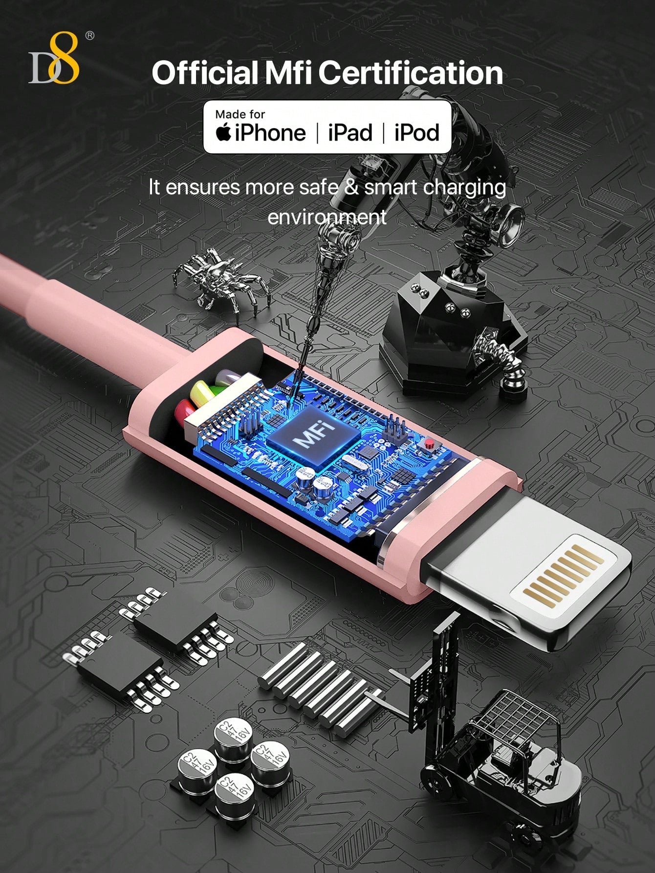 D8 MFi 인증 USB-A to 라이트닝 고속 충전 케이블 2.4A 고속 충전 | 다양한 길이 선택 | iPhone, iPad 호환