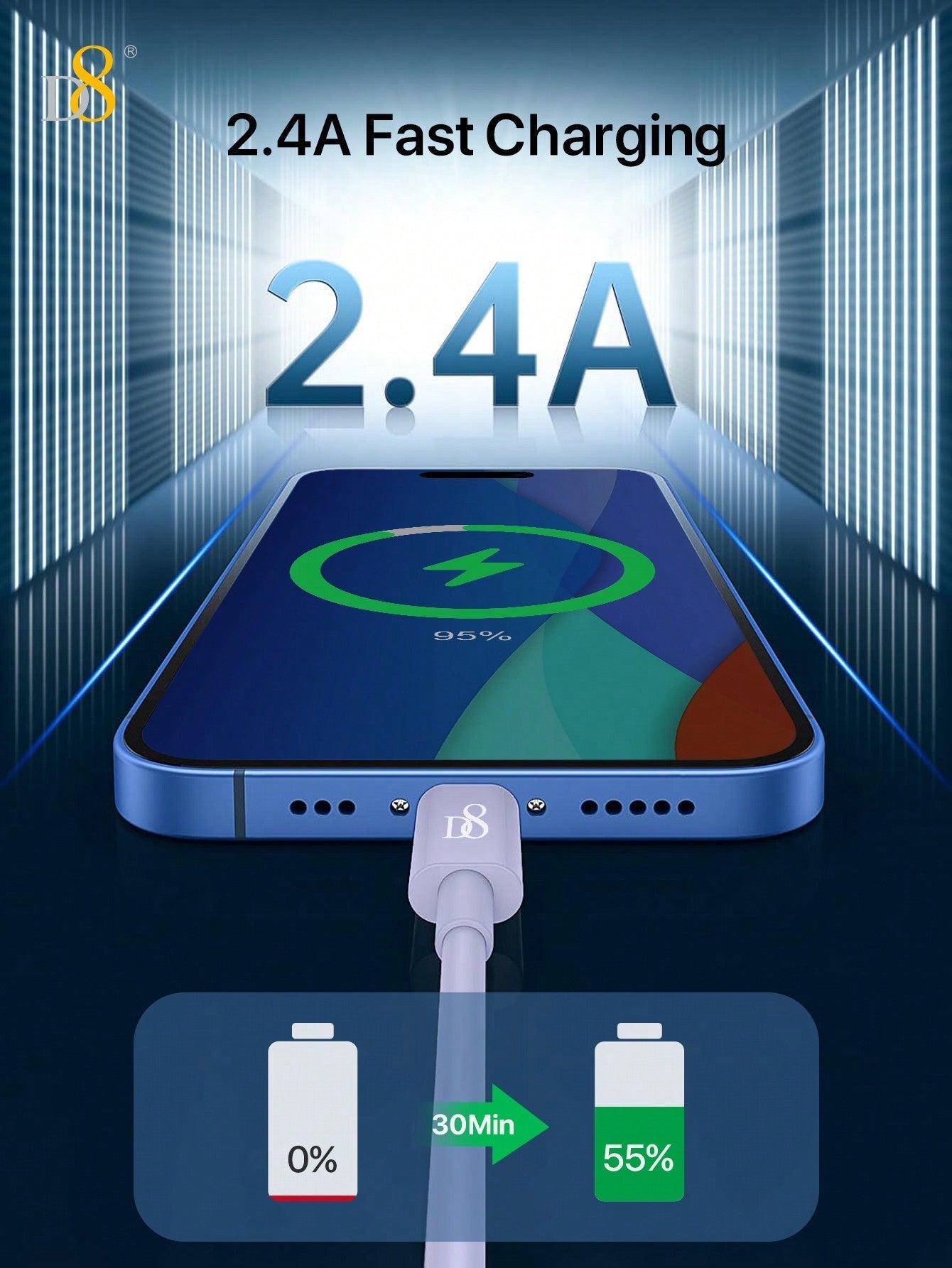 D8 MFi 인증 라이트닝 고속 충전 케이블 2.4A 고속충전 | 4가지 길이 옵션 | iPhone & iPad 완벽 호환