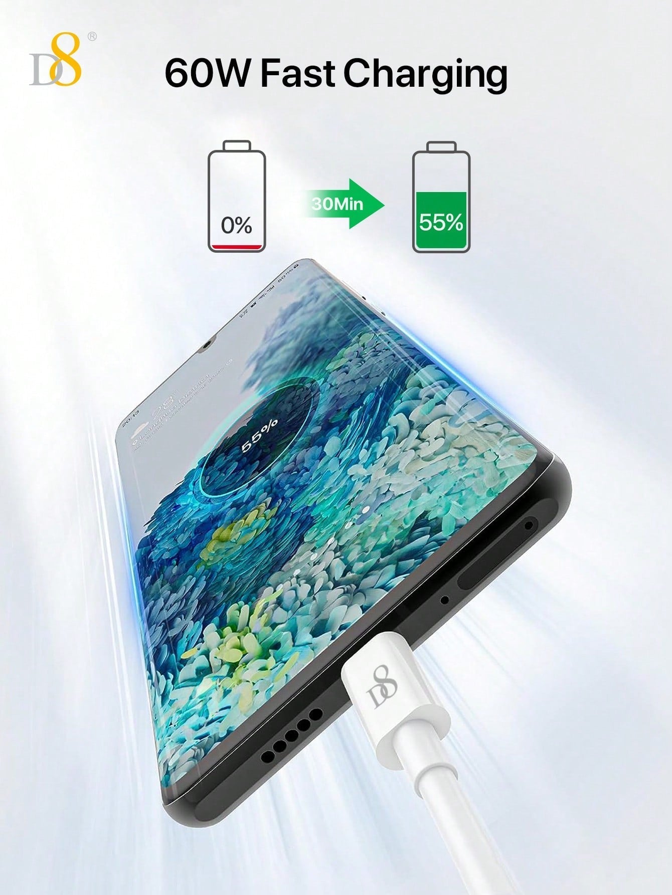 D8 USB-C to USB-C 초고속 충전 케이블 (0.83ft, 60W/3A)
