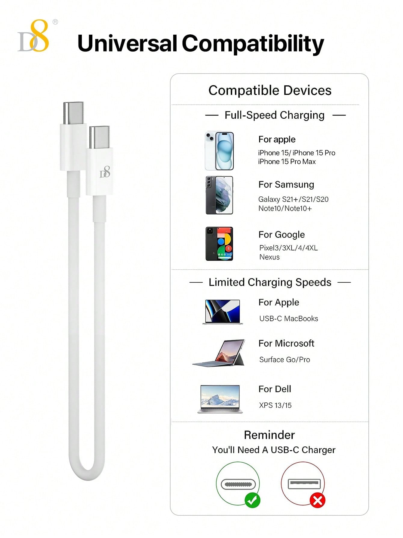 D8 USB-C to USB-C 초고속 충전 케이블 (0.83ft, 60W/3A)