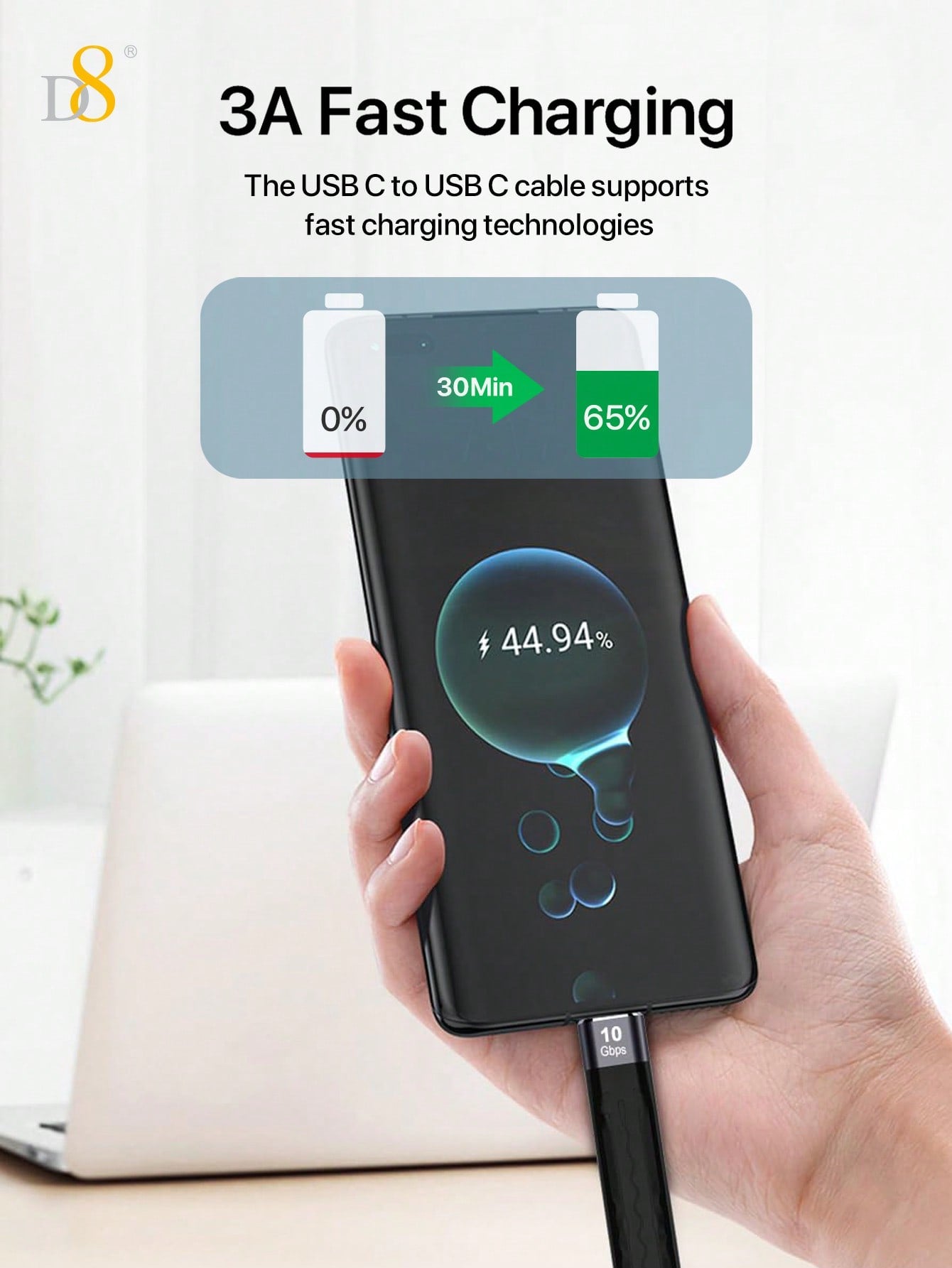 D8 USB C 3.1 Gen 2 케이블 (13CM) 60W PD 초고속 충전 + 10Gbps 데이터 전송 + 4K 영상 출력 아이폰 16/15 시리즈 | 맥북 | 갤럭시 S23 | 아이패드 | 크롬북 호환