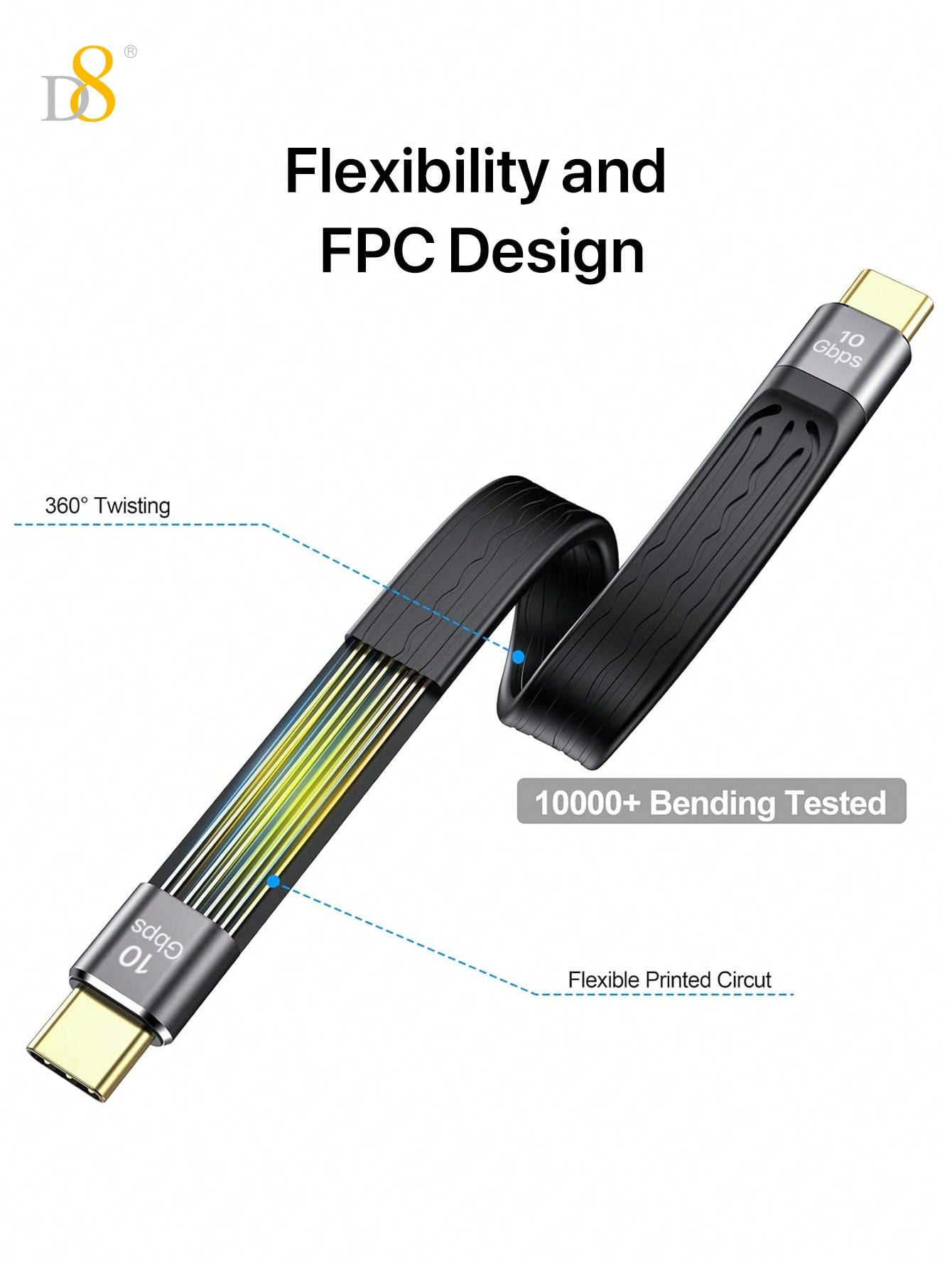 D8 USB C 3.1 Gen 2 케이블 (13CM) 60W PD 초고속 충전 + 10Gbps 데이터 전송 + 4K 영상 출력 아이폰 16/15 시리즈 | 맥북 | 갤럭시 S23 | 아이패드 | 크롬북 호환
