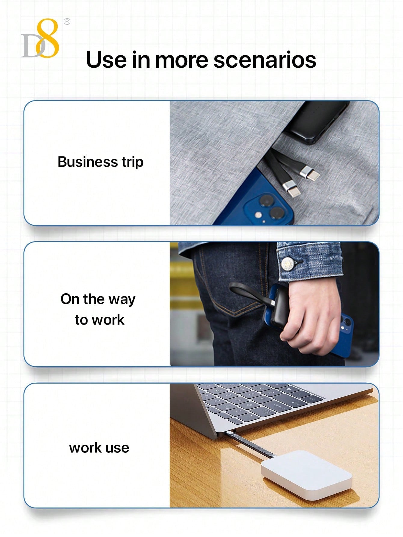 D8 USB C 3.1 Gen 2 케이블 (13CM) 60W PD 초고속 충전 + 10Gbps 데이터 전송 + 4K 영상 출력 아이폰 16/15 시리즈 | 맥북 | 갤럭시 S23 | 아이패드 | 크롬북 호환