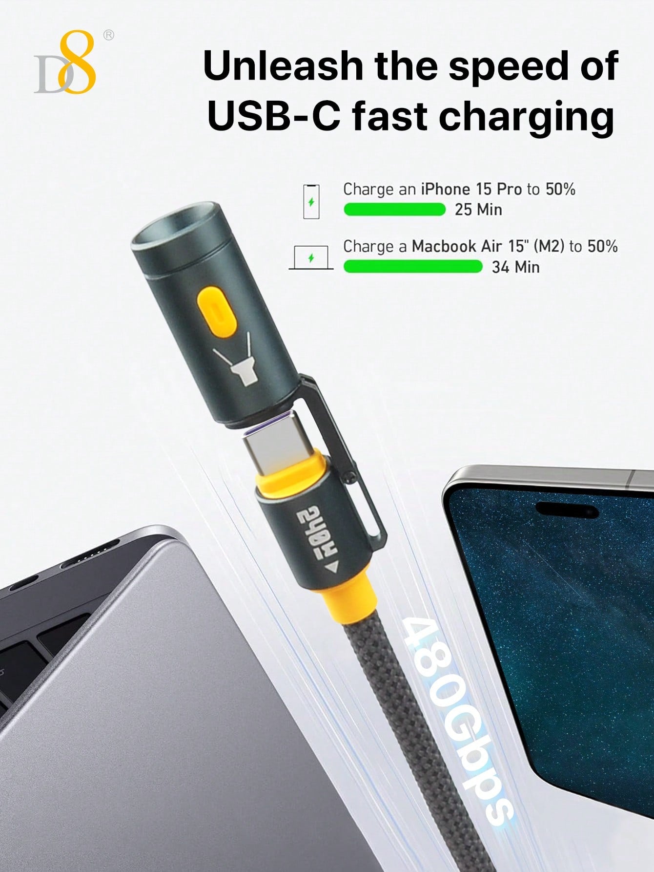 D8 240W All-In-1 USB-C 고속 충전 케이블 USB-C to USB-C | LED 라이트 탑재 | 과열 방지 히팅 엘리먼트 내장 | 데이터 전송 지원