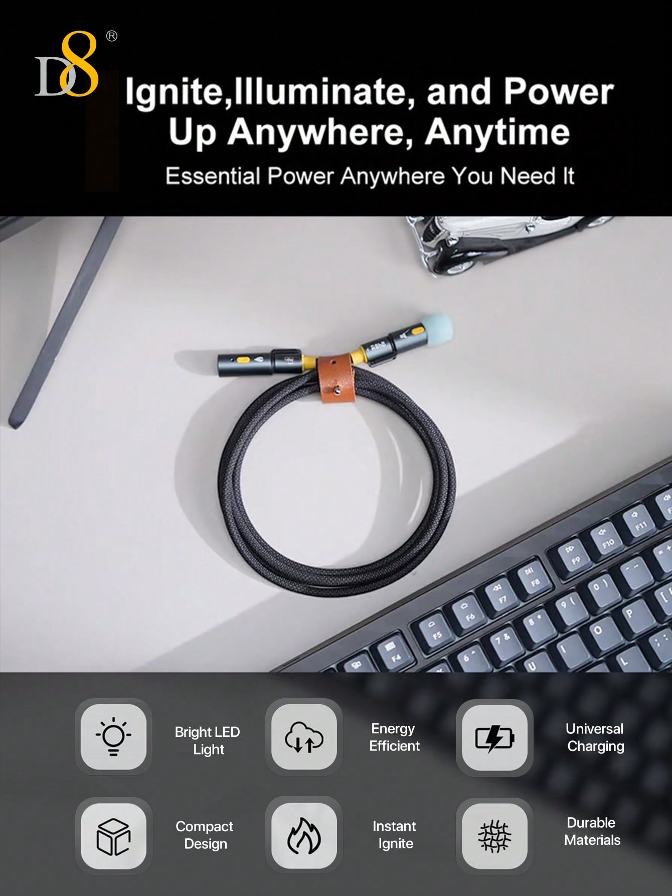 D8 240W All-In-1 USB-C 고속 충전 케이블 USB-C to USB-C | LED 라이트 탑재 | 과열 방지 히팅 엘리먼트 내장 | 데이터 전송 지원
