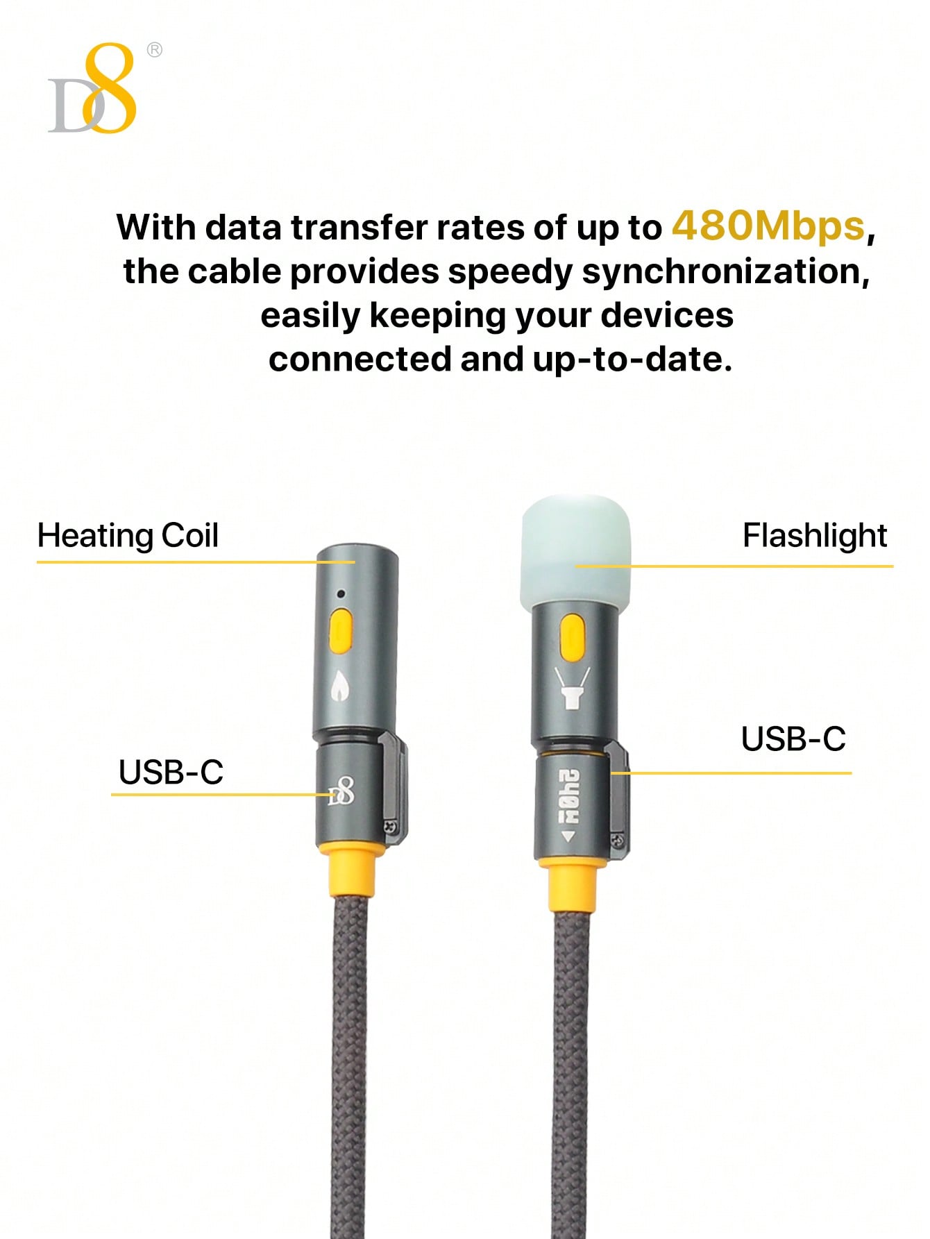 D8 240W All-In-1 USB-C 고속 충전 케이블 USB-C to USB-C | LED 라이트 탑재 | 과열 방지 히팅 엘리먼트 내장 | 데이터 전송 지원