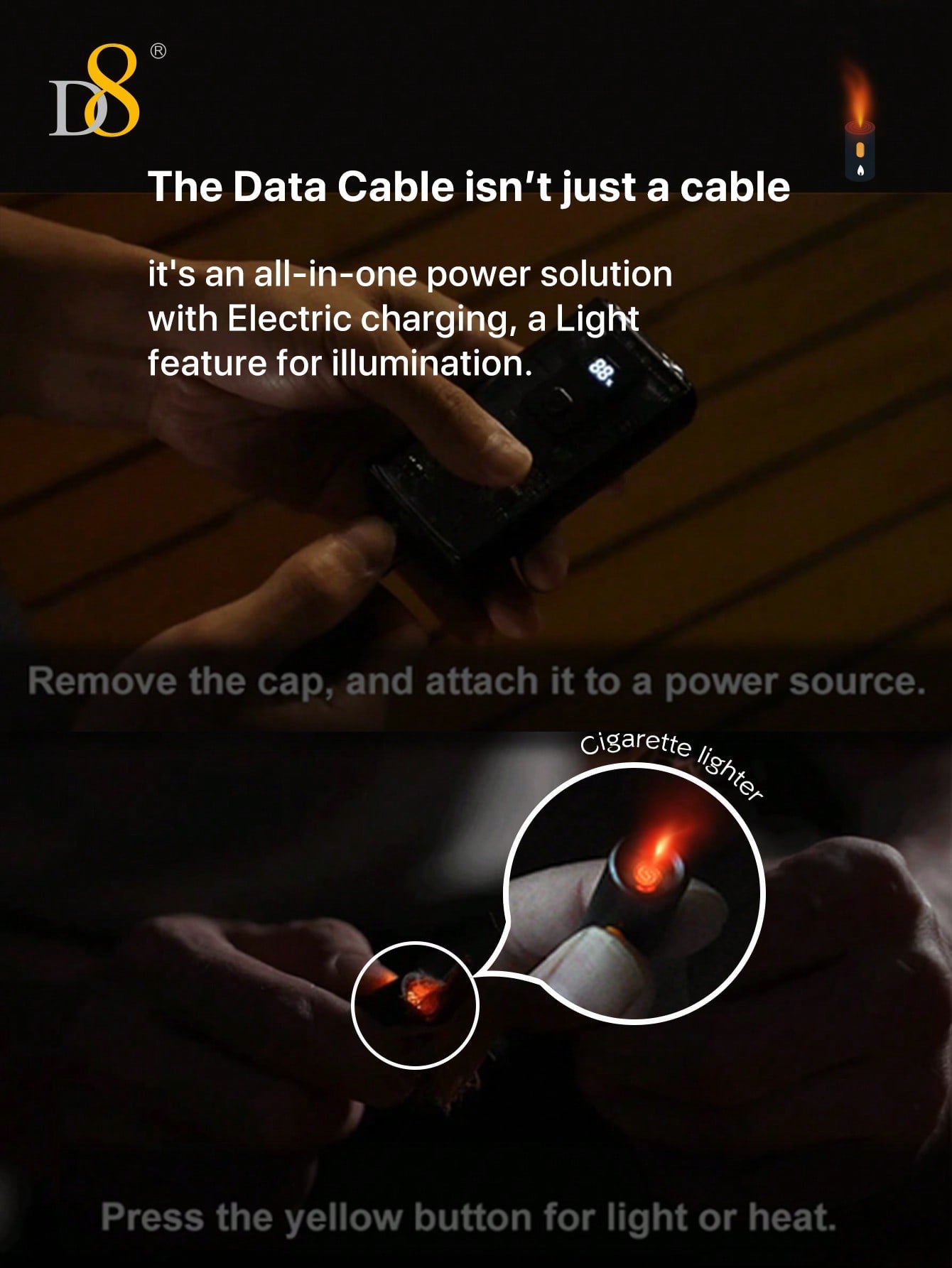 D8 240W All-In-1 USB-C 고속 충전 케이블 USB-C to USB-C | LED 라이트 탑재 | 과열 방지 히팅 엘리먼트 내장 | 데이터 전송 지원