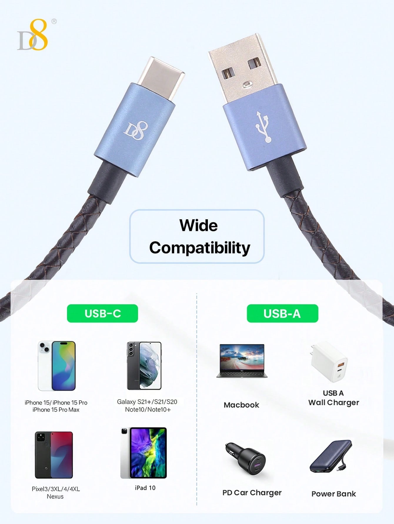 D8 프리미엄 천연 가죽 USB-C 고속 충전 케이블 (0.2m / 60W) 스타일과 속도 모두를 갖춘 초슬림 타입 | USB-A to USB-C | iPhone·Galaxy·Moto 호환