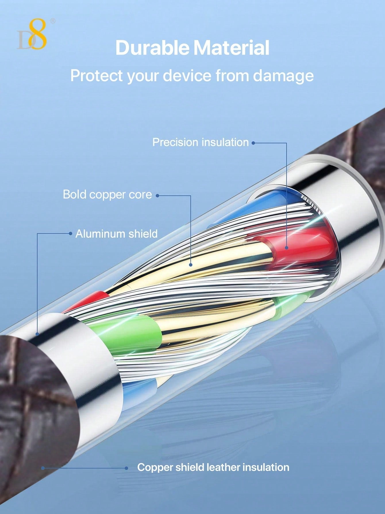 D8 프리미엄 천연 가죽 USB-C 고속 충전 케이블 (0.2m / 60W) 스타일과 속도 모두를 갖춘 초슬림 타입 | USB-A to USB-C | iPhone·Galaxy·Moto 호환