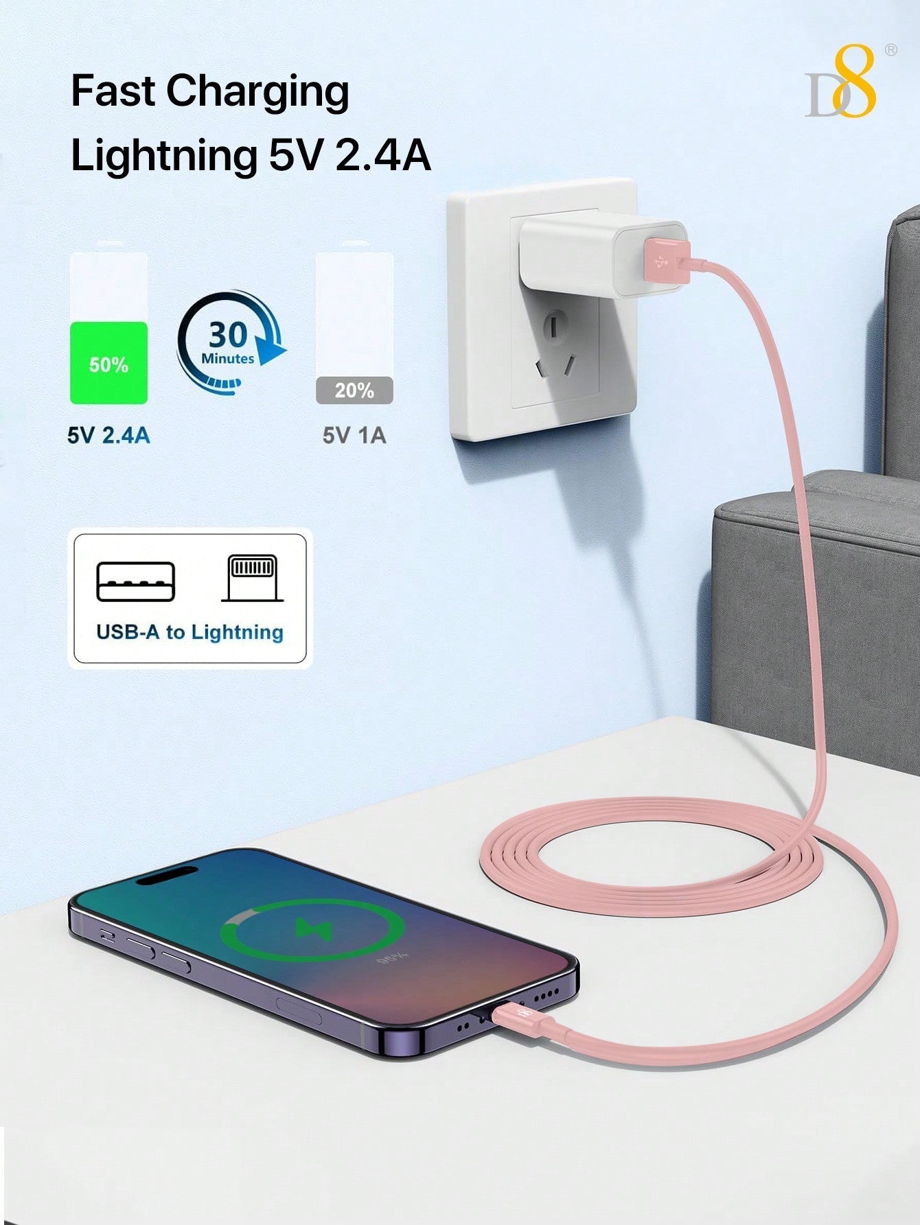 D8 MFi 인증 USB-A to 라이트닝 고속 충전 케이블 2.4A 고속 충전 | 다양한 길이 선택 | iPhone, iPad 호환