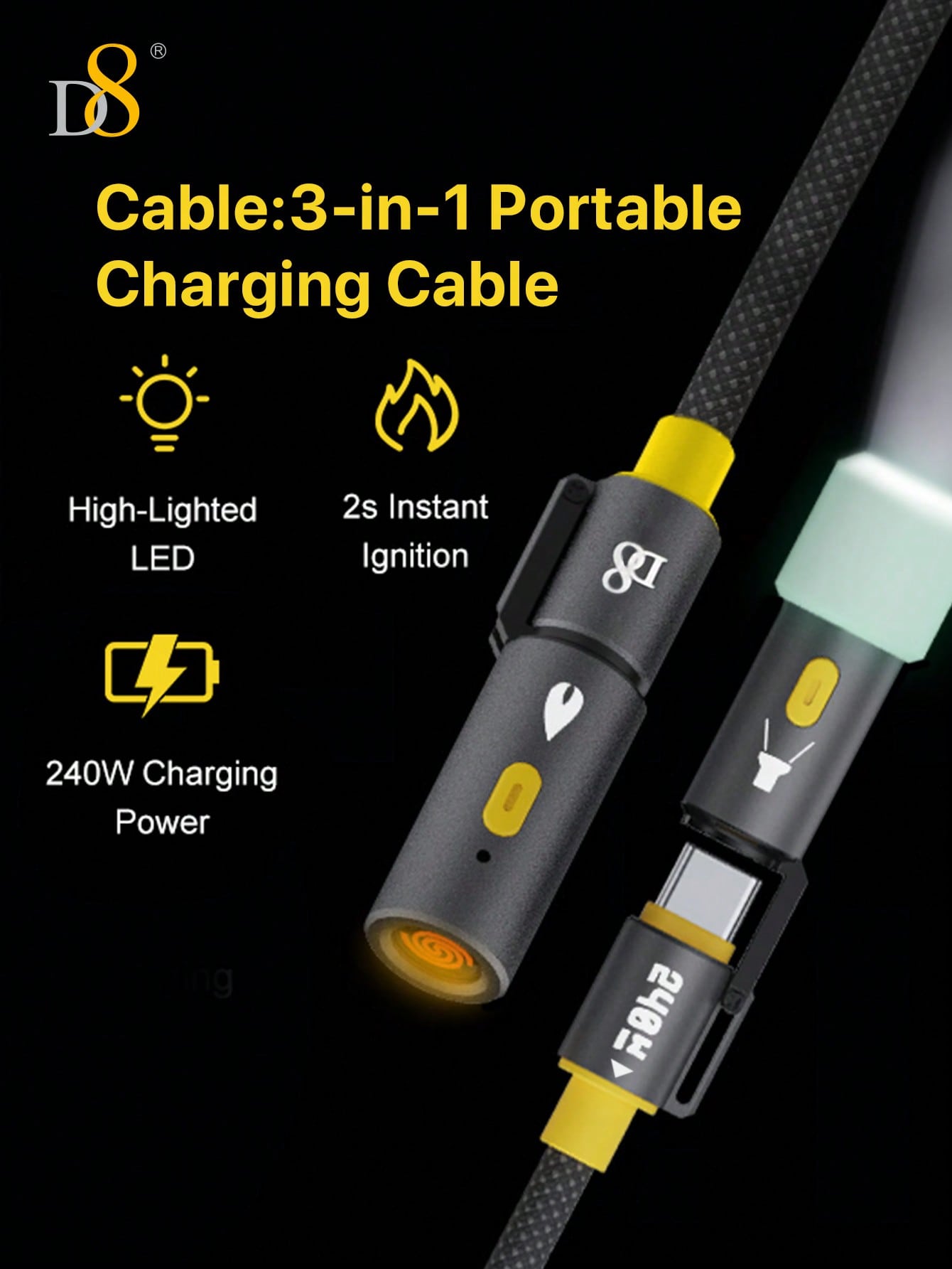 D8 240W All-In-1 USB-C 고속 충전 케이블 USB-C to USB-C | LED 라이트 탑재 | 과열 방지 히팅 엘리먼트 내장 | 데이터 전송 지원