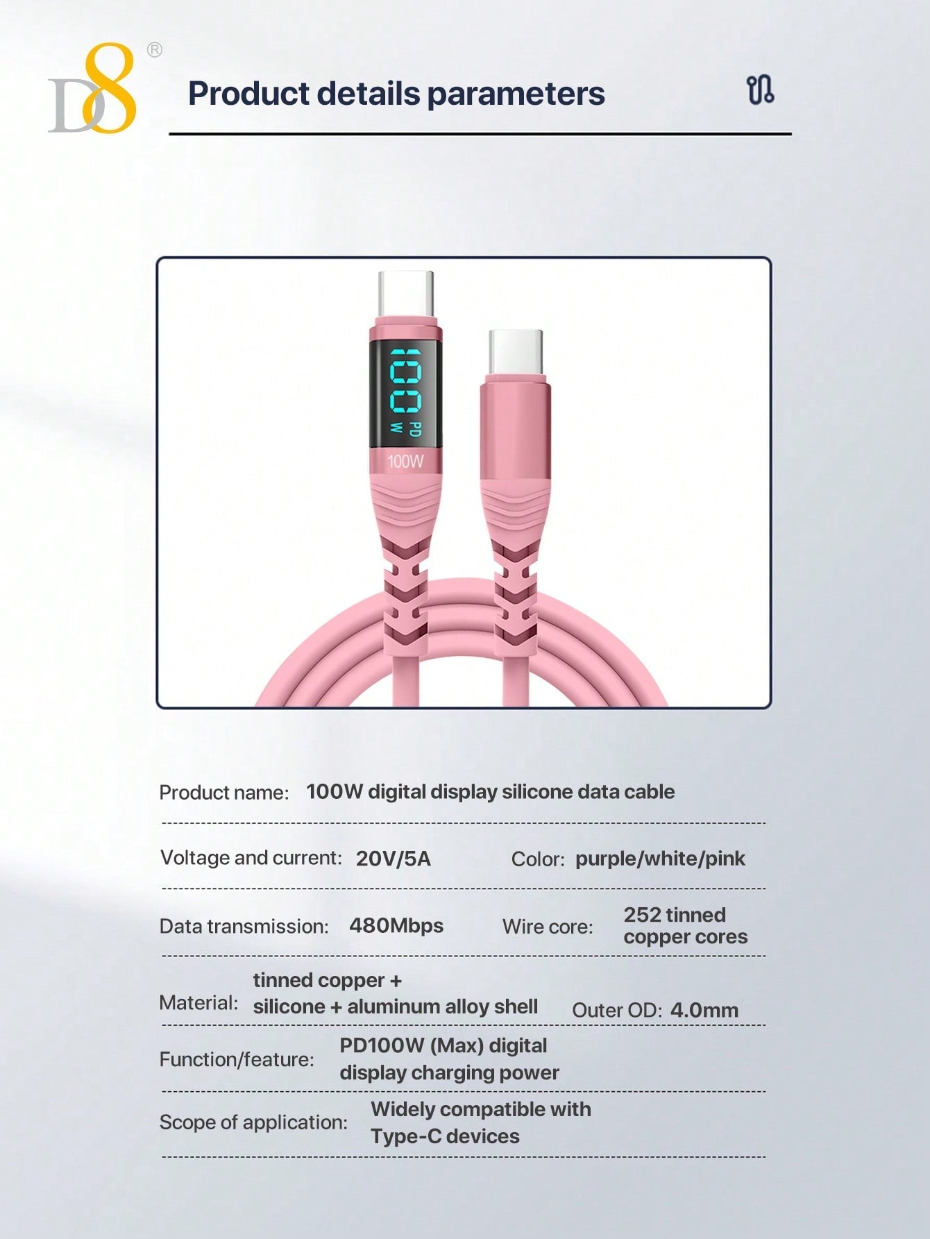 D8 USB-C to USB-C 고속충전 케이블 100W / 5A PD지원 | LED 실시간 전력 디스플레이 | 아이폰·갤럭시·아이패드 호환