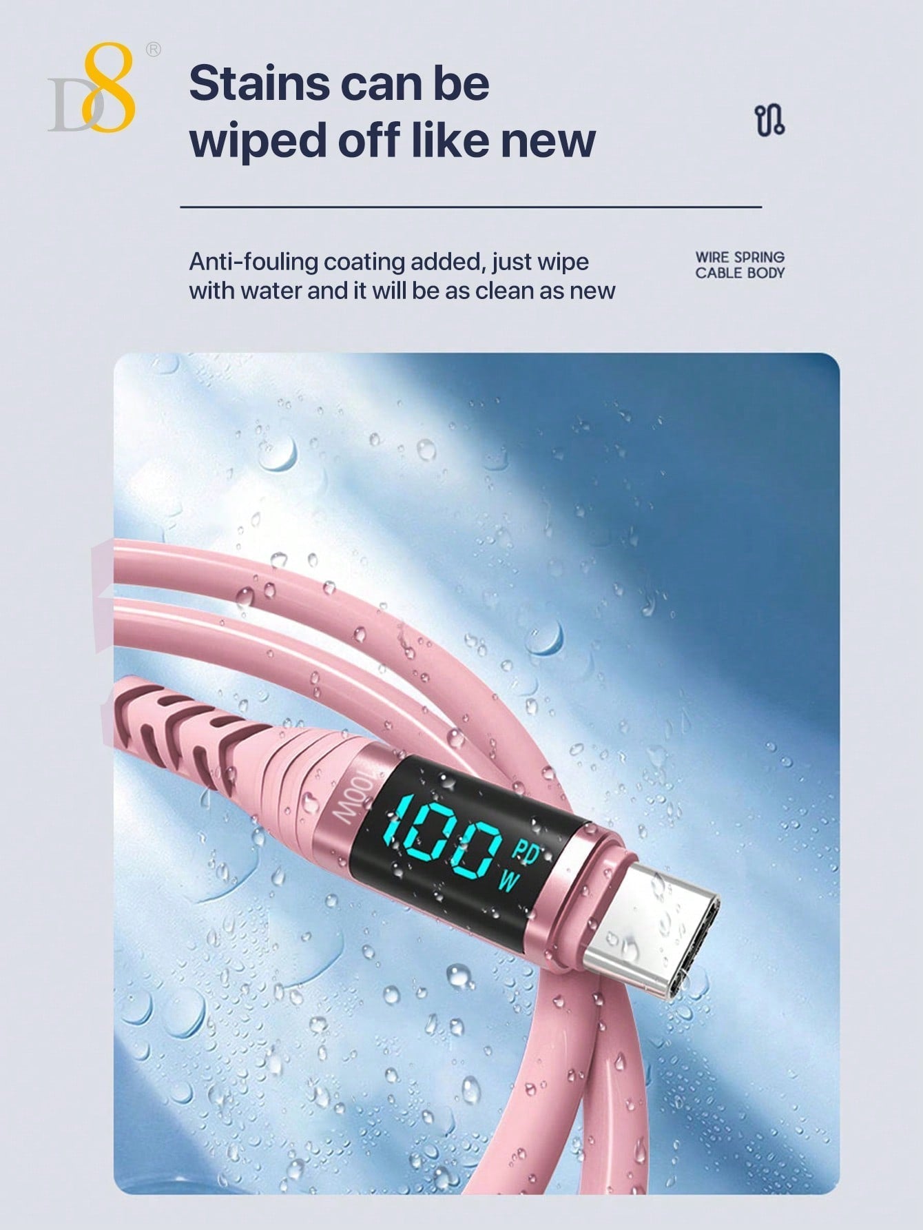 D8 USB-C to USB-C 고속충전 케이블 100W / 5A PD지원 | LED 실시간 전력 디스플레이 | 아이폰·갤럭시·아이패드 호환
