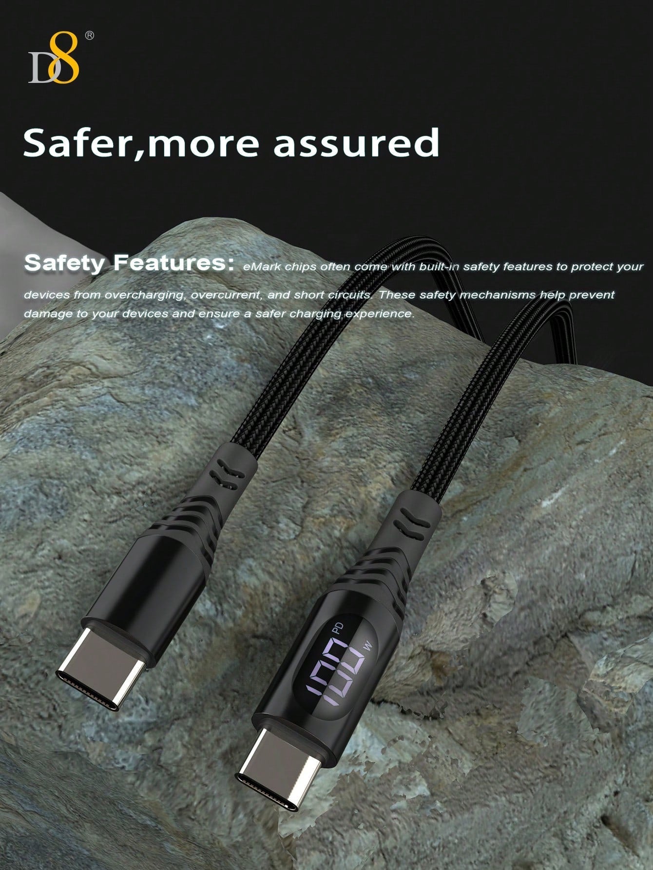 D8 USB-C to USB-C 고속 충전 케이블 100W/5A PD / LED 실시간 전력 표시 / 나일론 꼬임 방지 / 1.2M 길이
