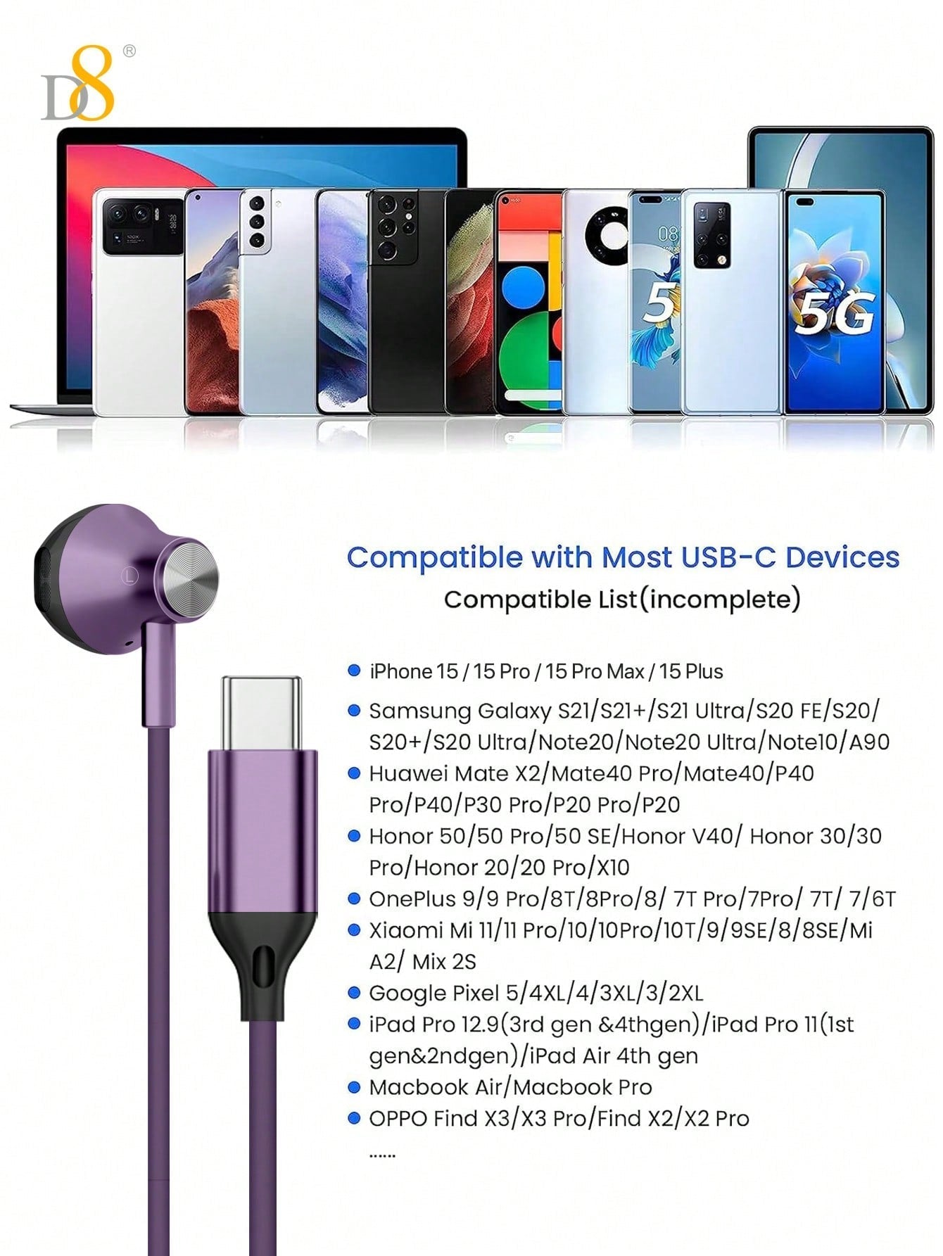 D8 USB-C 인이어 이어폰 – 마이크 & 볼륨 조절 탑재 / iPhone, Galaxy, iPad 호환 유선 이어폰