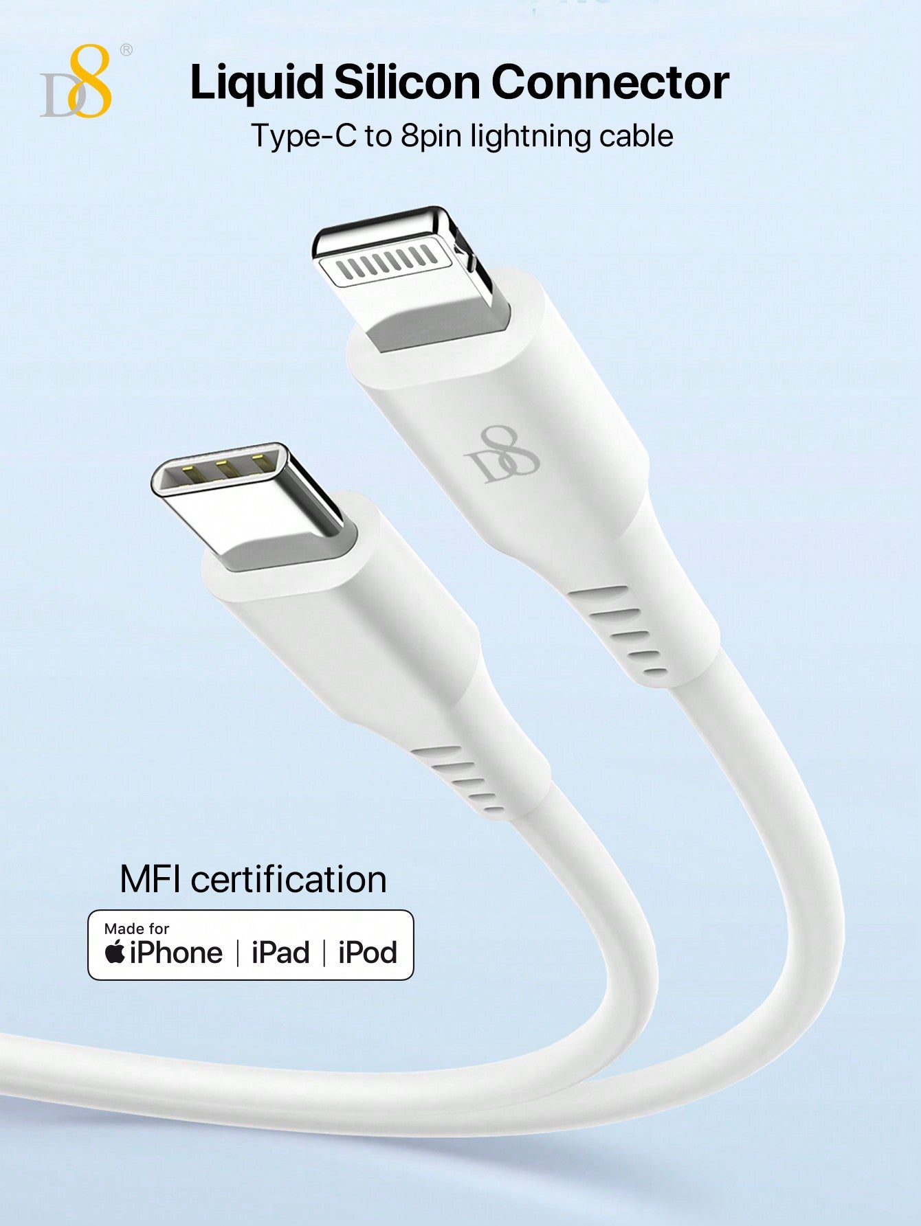 D8 USB-C to Lightning 충전 케이블 (1.2M) MFi 공식 인증 | 2.4A 고속 충전 | 실리카겔 내구 설계 | iPhone & iPad 전용