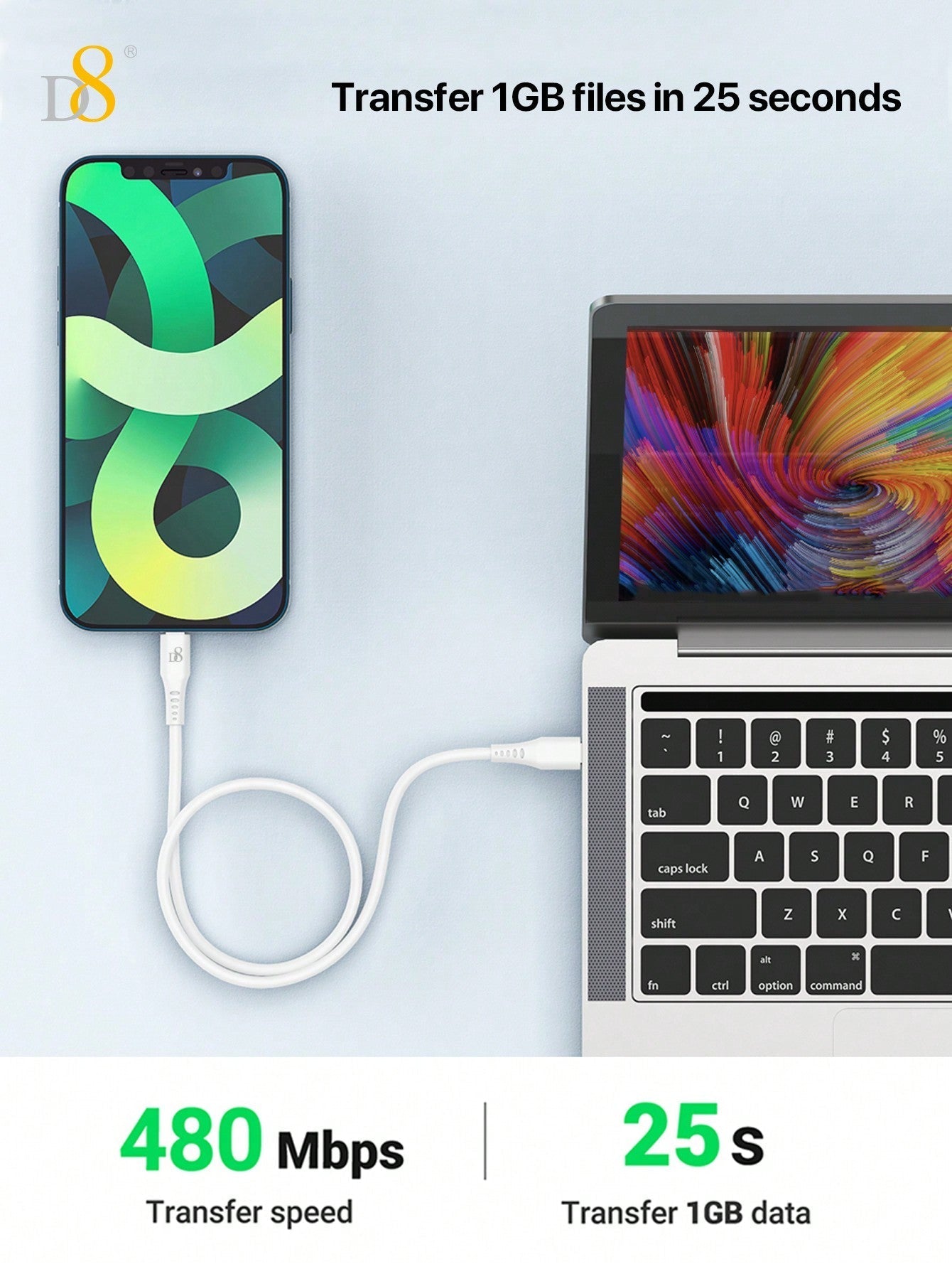 D8 USB-C to Lightning 충전 케이블 (1.2M) MFi 공식 인증 | 2.4A 고속 충전 | 실리카겔 내구 설계 | iPhone & iPad 전용