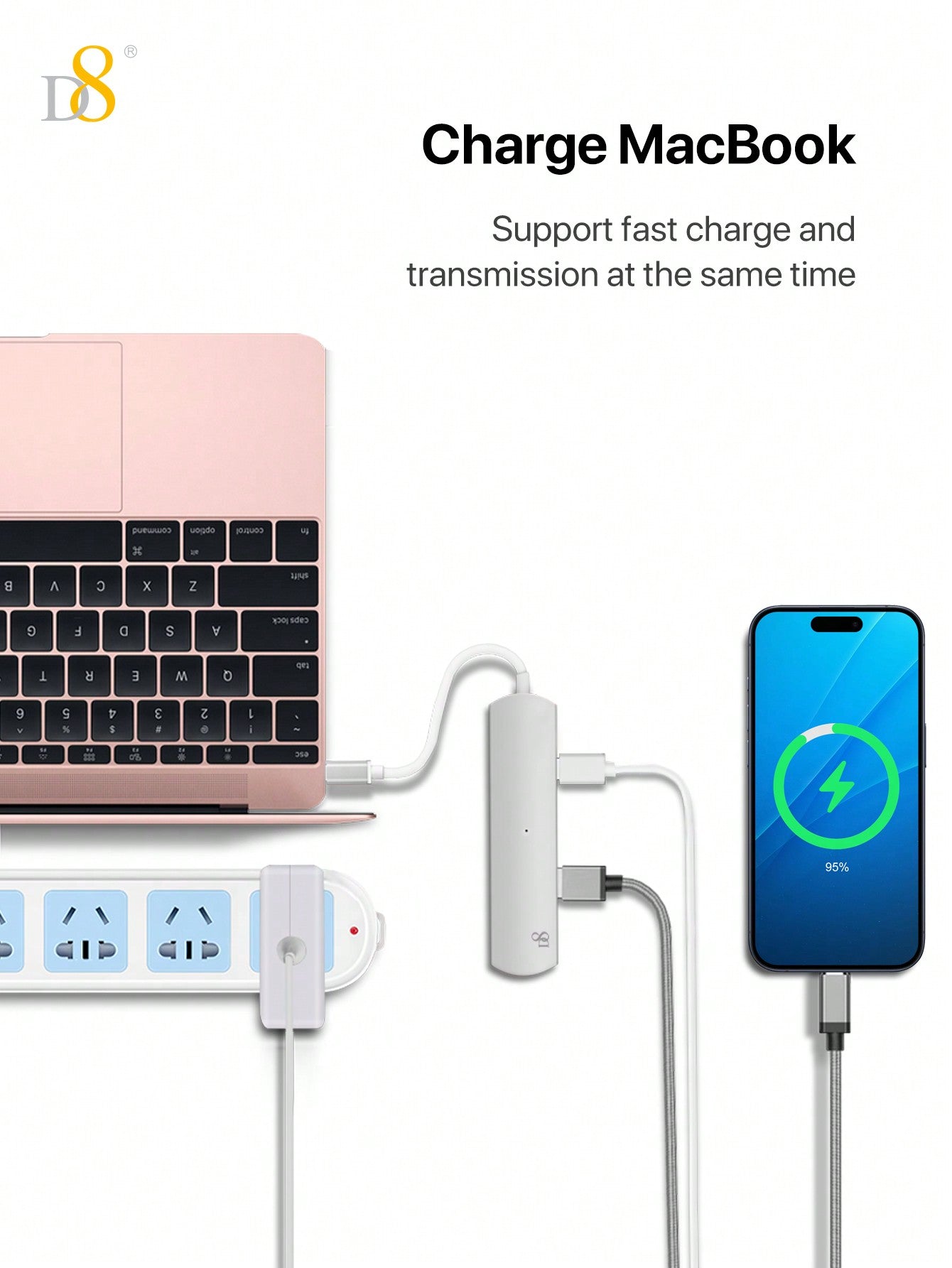 D8 4-in-1 USB-C 허브 USB-C · USB 3.0 x2 · SD/TF 리더기 탑재! 5Gbps 고속 전송 · 알루미늄 바디 · 플러그 앤 플레이