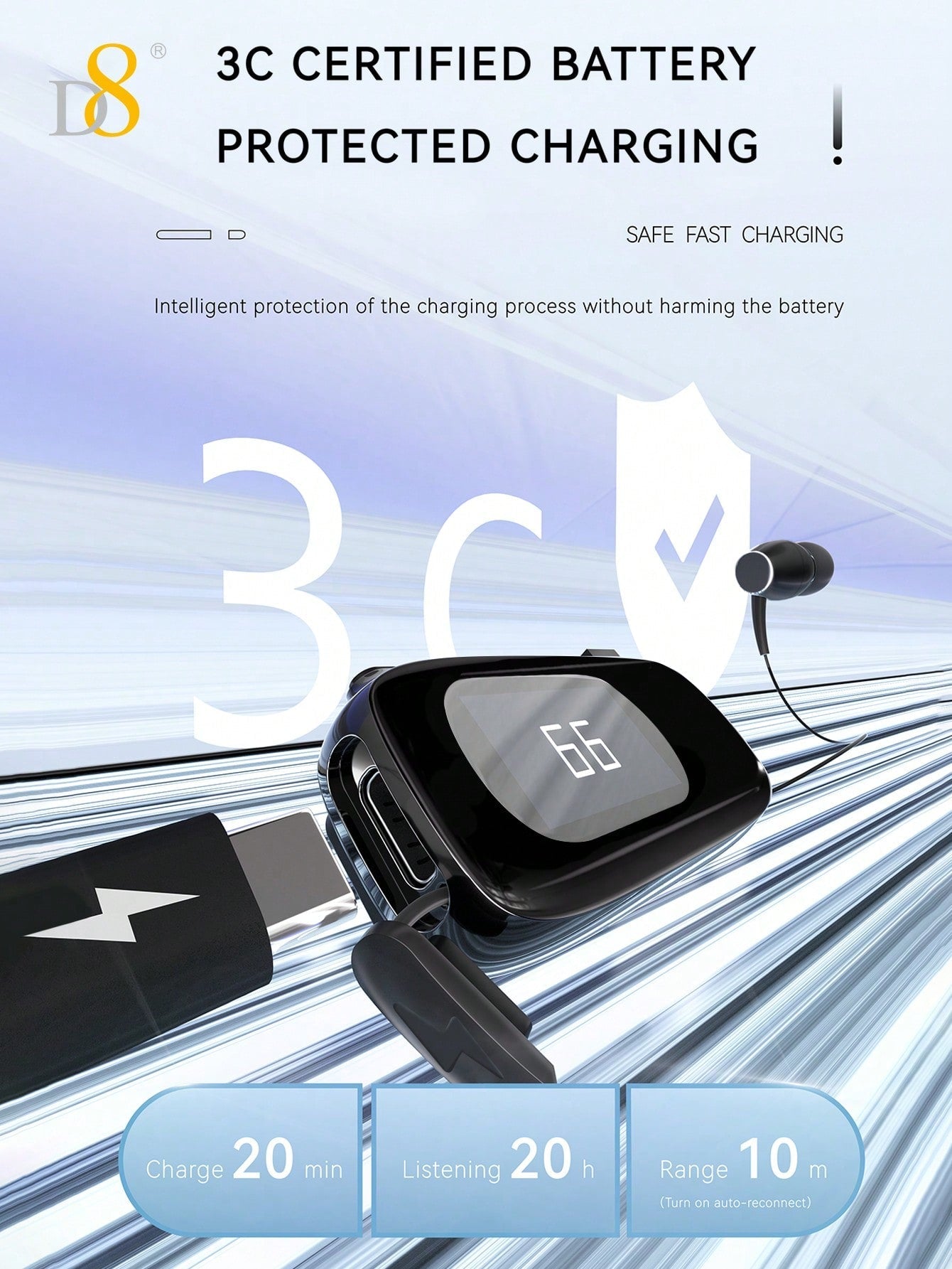 D8 리트랙터블 무선 헤드셋 LCD 디스플레이 / 노이즈 캔슬링 마이크 / 최대 20시간 통화 / 핸즈프리 블루투스 이어셋