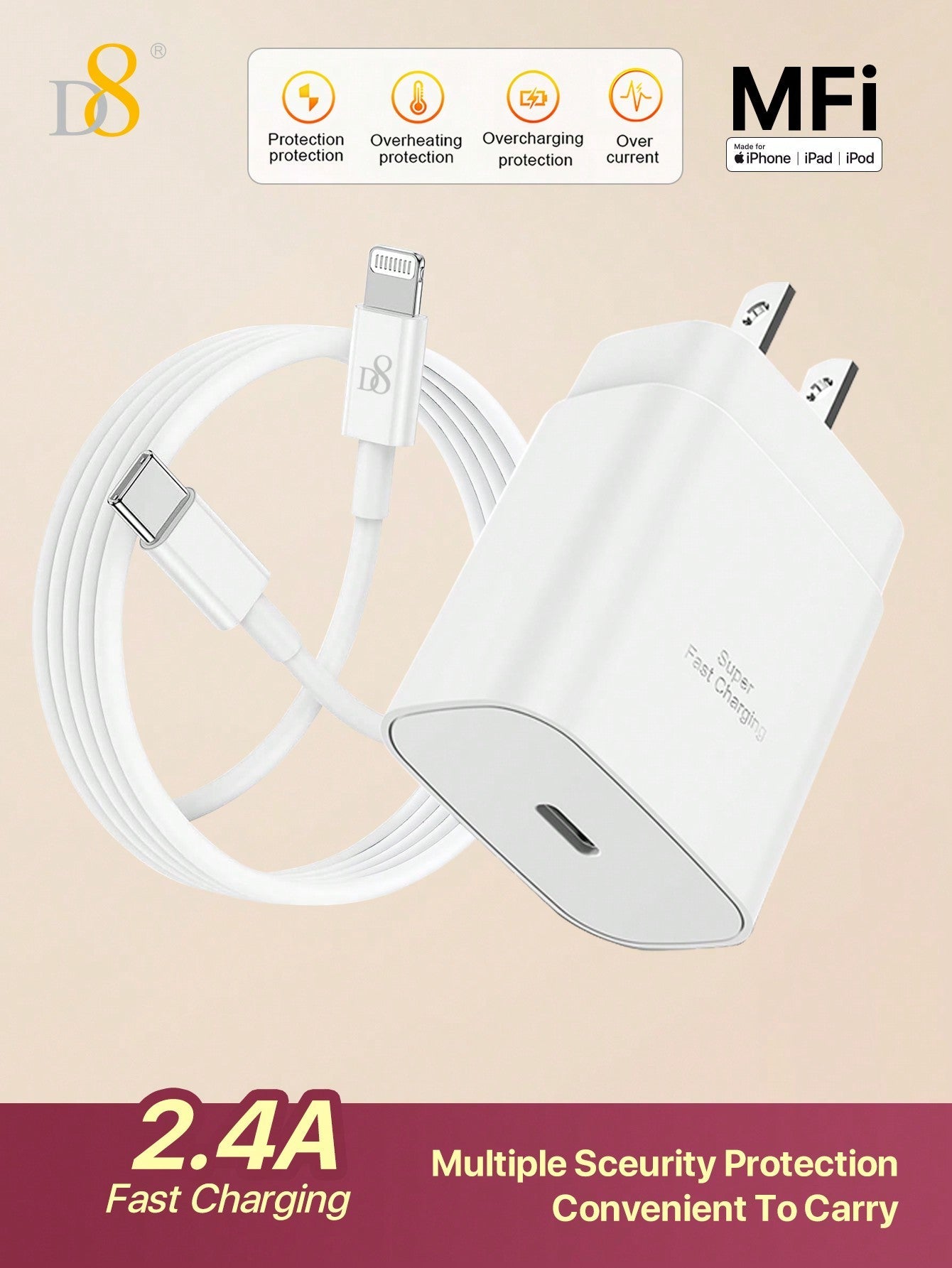 D8 25W 고속충전기 & MFi 인증 USB-C 케이블 세트 아이폰 & 아이패드 고속 충전 솔루션 | 안전성과 호환성 모두 인증 완료!