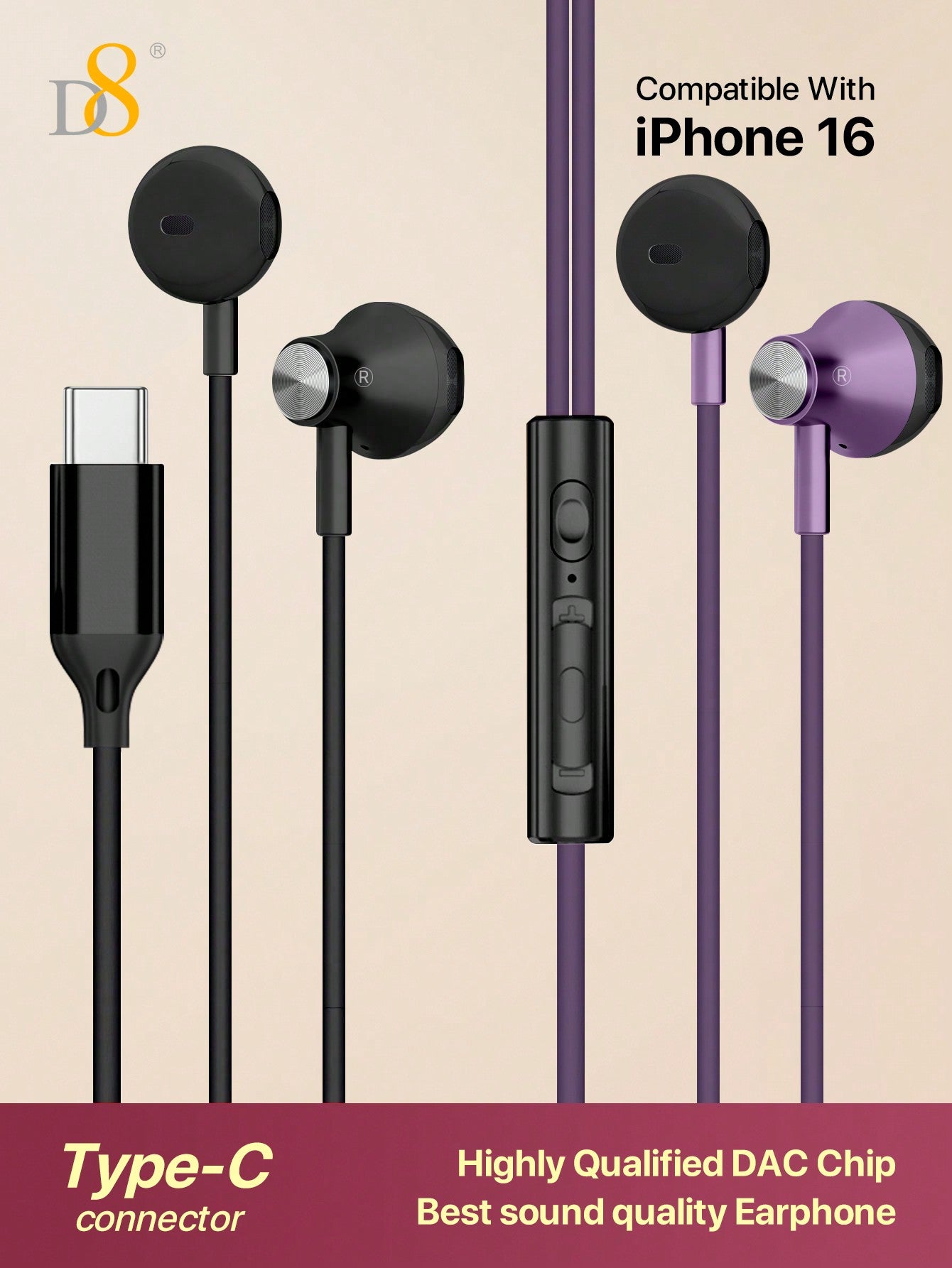 D8 USB-C 인이어 이어폰 – 마이크 & 볼륨 조절 탑재 / iPhone, Galaxy, iPad 호환 유선 이어폰