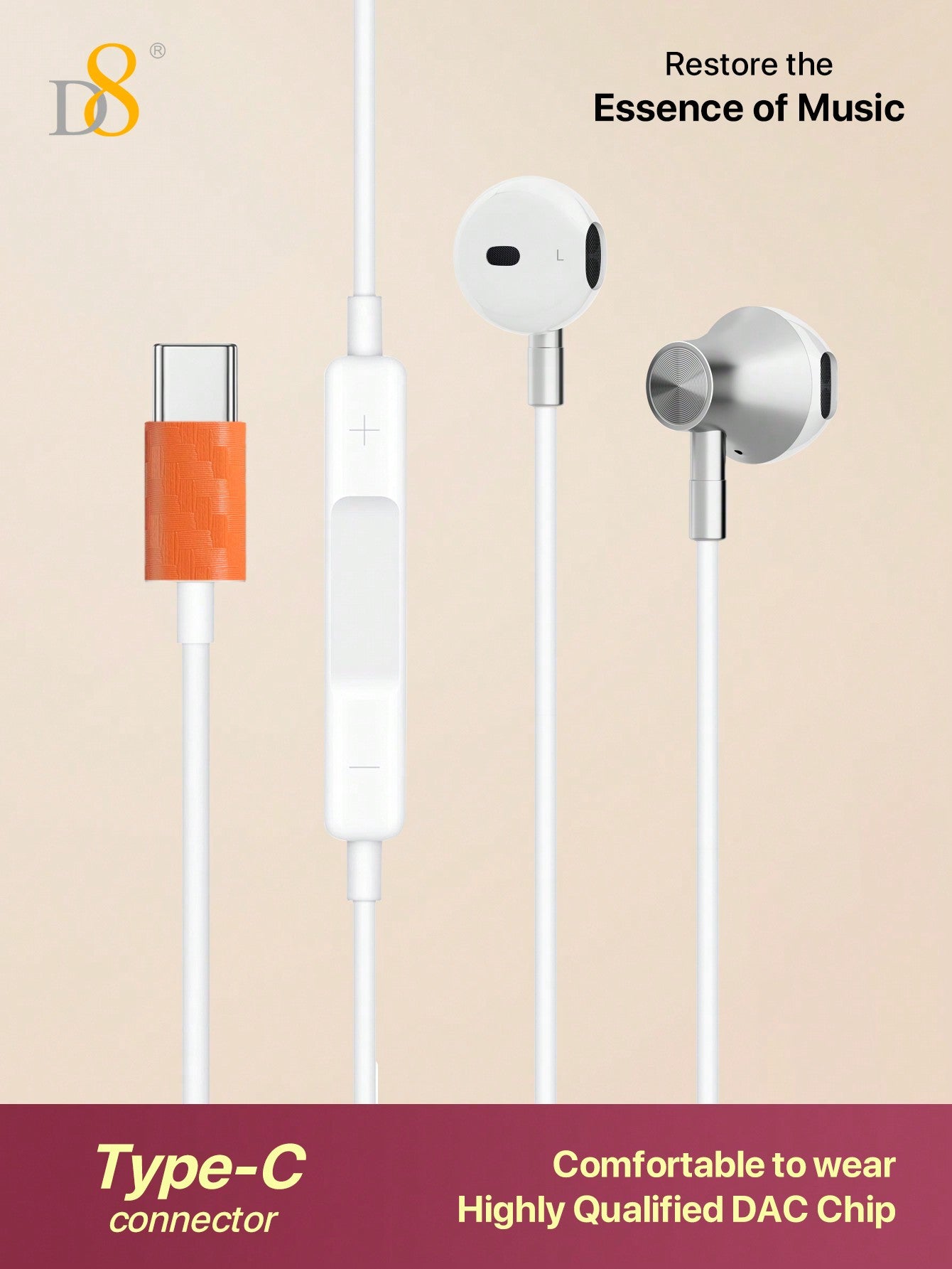 D8 USB-C 이어폰 아이폰 15 전용, 마이크 & 볼륨 조절 지원 | HiFi 스테레오 사운드
