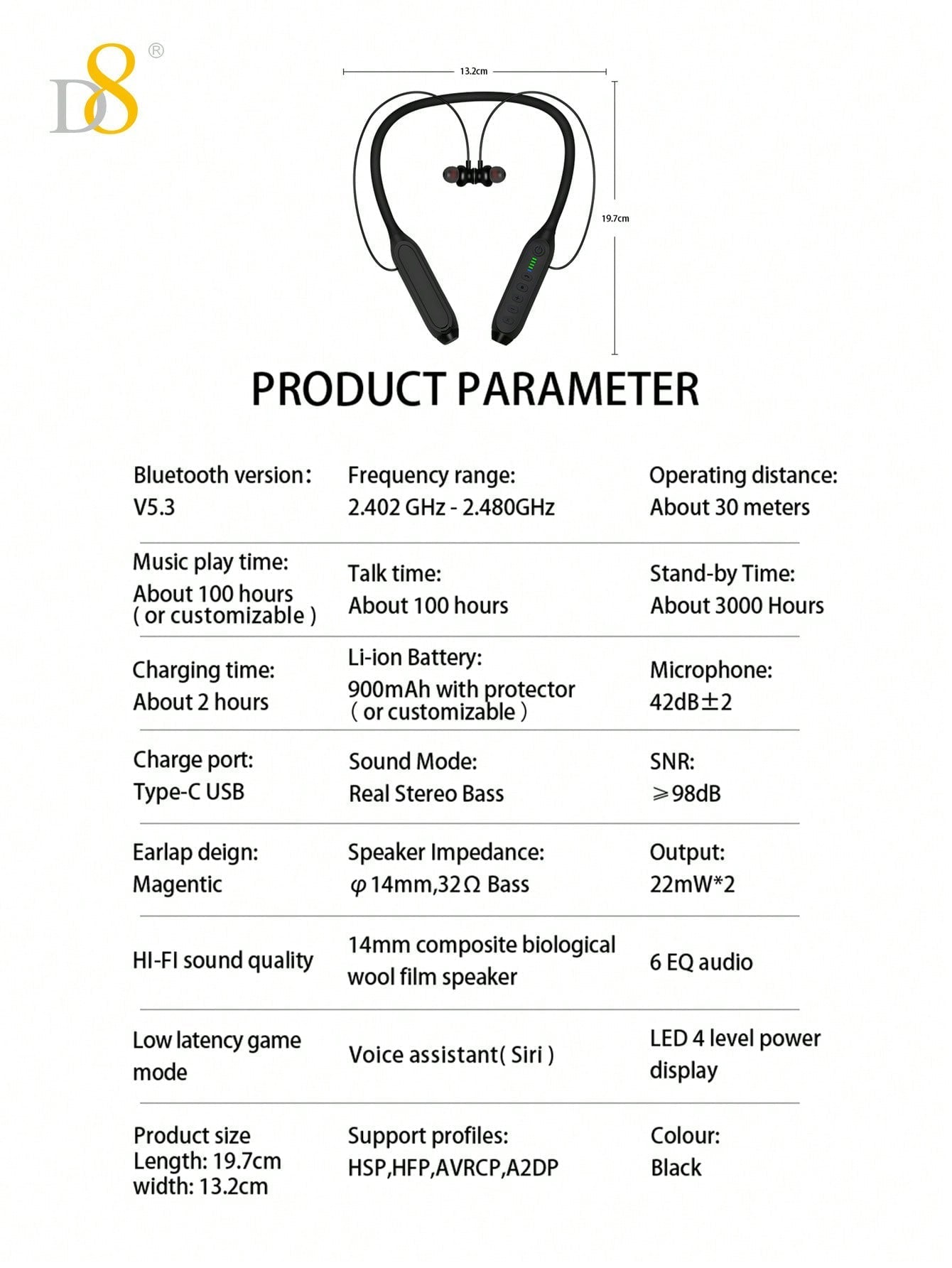 D8 넥밴드 무선 이어폰 100시간 연속 재생 / 마이크 내장 / IPX5 방수 / 프리미엄 스테레오 사운드