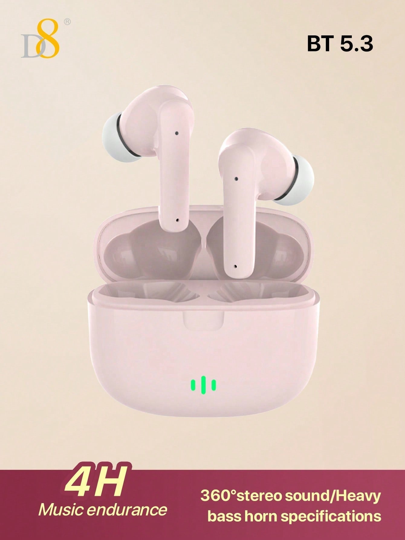 D8 무선 이어버드 스테레오 베이스 | 13mm 드라이버 | 4시간 연속 재생 | USB-C 충전 케이스 포함