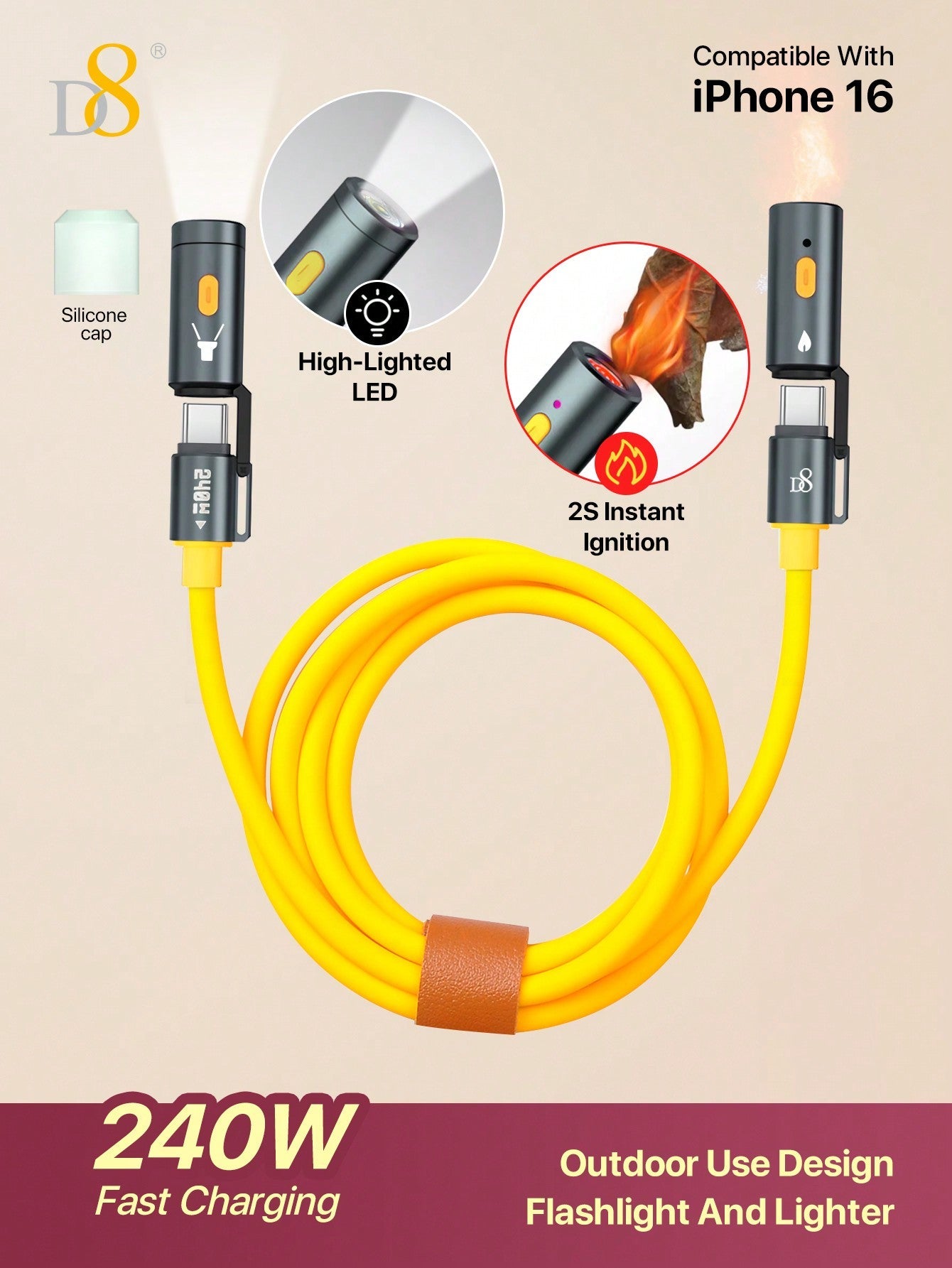D8 240W All-In-1 USB-C 고속 충전 케이블 USB-C to USB-C | LED 라이트 탑재 | 과열 방지 히팅 엘리먼트 내장 | 데이터 전송 지원