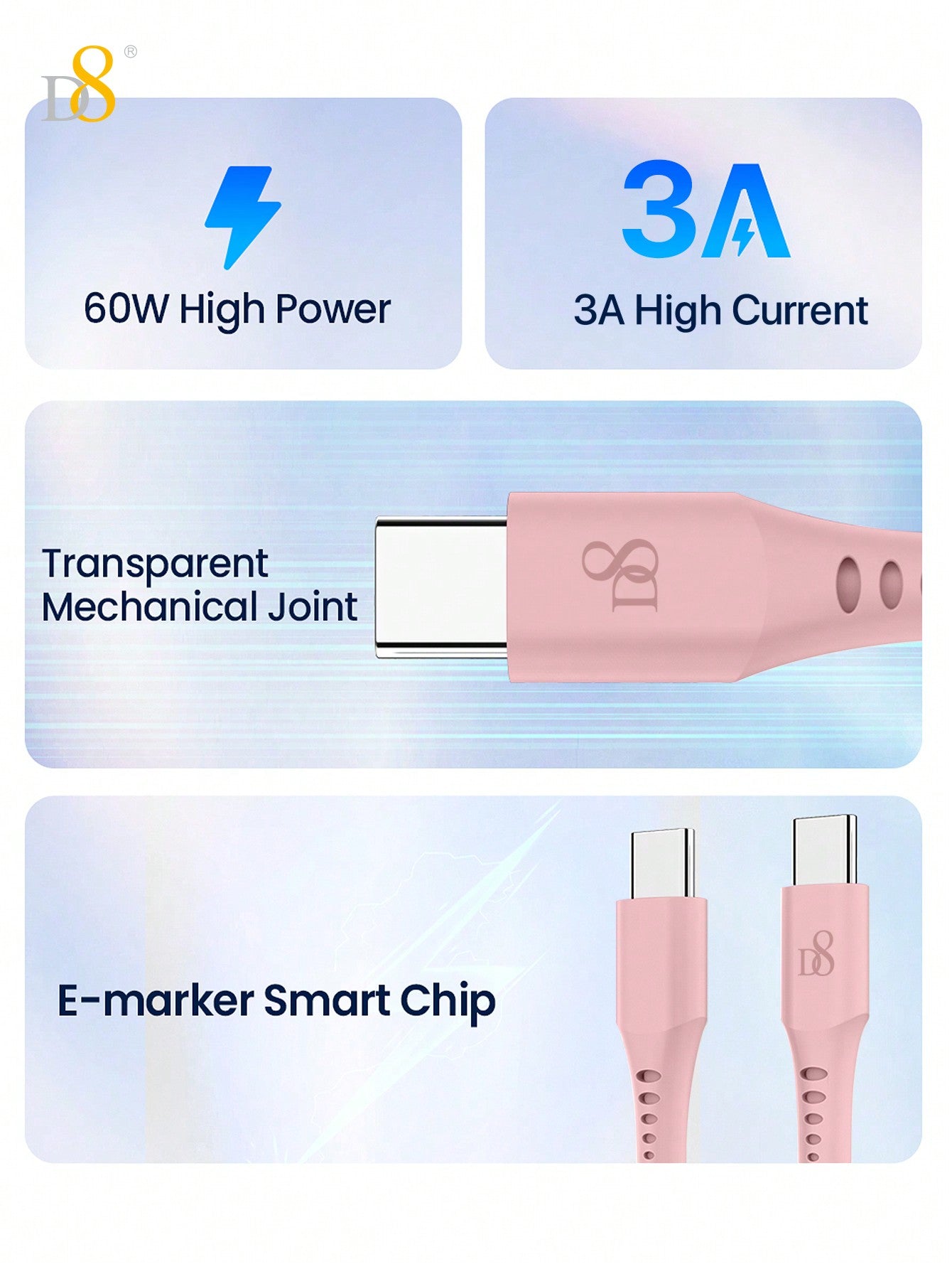 D8 USB-C 키체인 케이블 iPhone 16 / MacBook / iPad Pro 호환 | 60W 고속충전 | 휴대용 데이터 전송 케이블