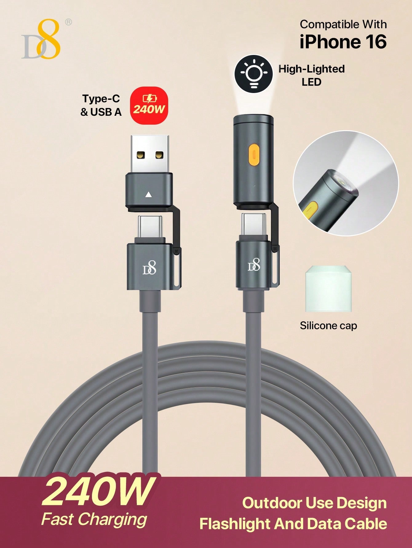 D8 240W 3-in-1 고속 충전 케이블 USB-C | 라이트닝 | 마이크로 5핀 | LED 무드등 내장 | 노트북/스마트폰 동시 지원