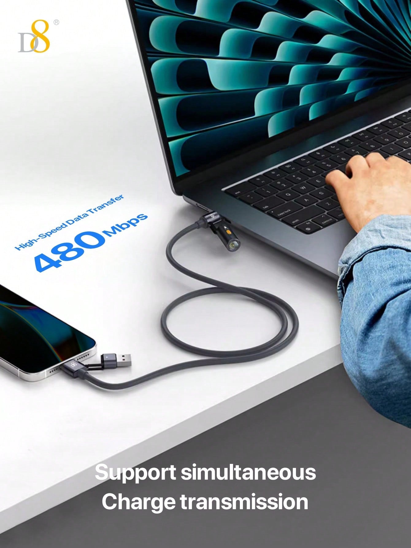 D8 240W 3-in-1 고속 충전 케이블 USB-C | 라이트닝 | 마이크로 5핀 | LED 무드등 내장 | 노트북/스마트폰 동시 지원