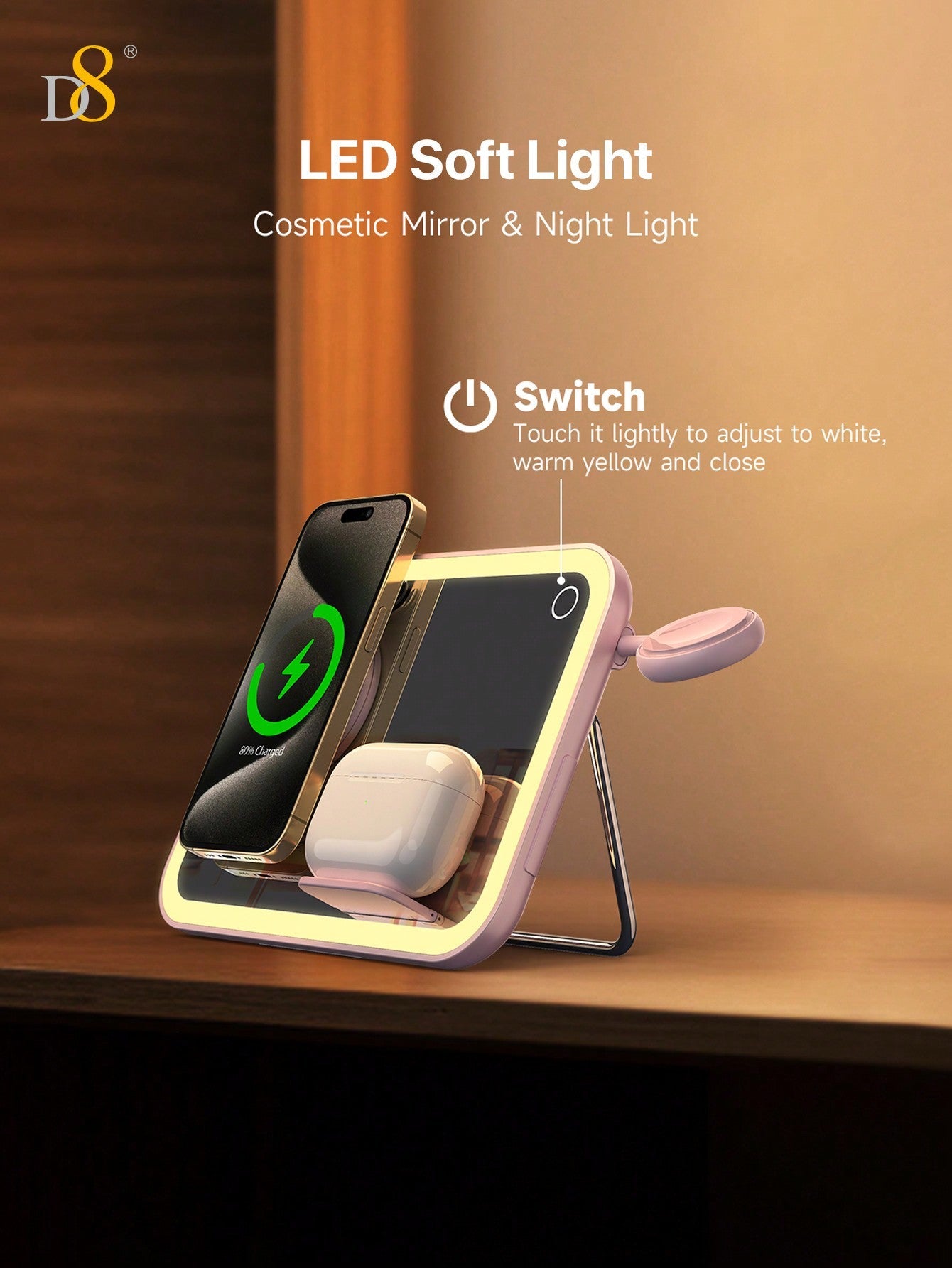 D8 3-in-1 무선 충전 스테이션 7.5W 고속 무선 충전 | LED 무드등 | 화장용 거울 | 눈에 부담 없는 소프트 라이트