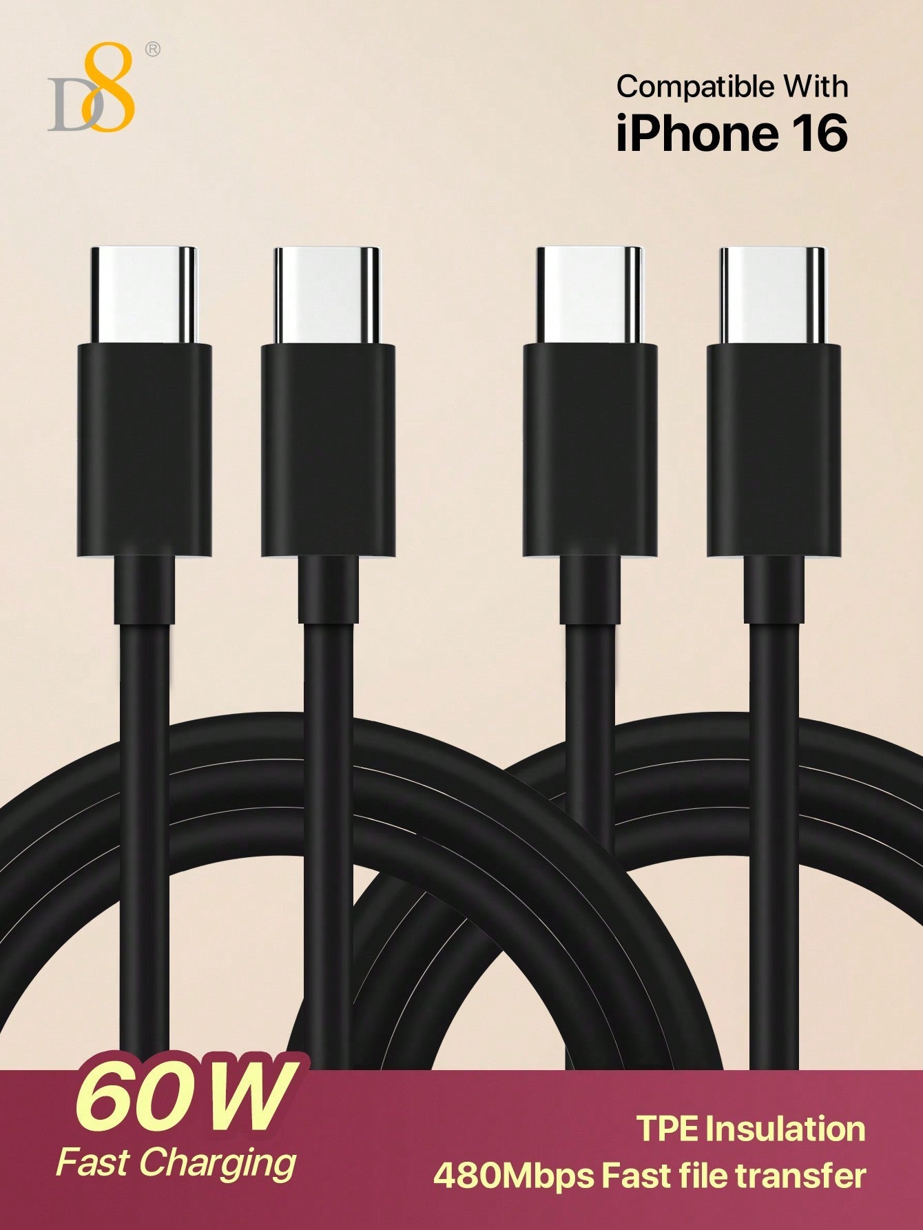 D8 USB-C to USB-C 고속 충전 케이블 (2개입 세트) 60W PD 고속 충전 | 1m 길이(3.3ft) | 나일론 직조 케이블 | 아이폰 16 / 갤럭시 / 아이패드 호환