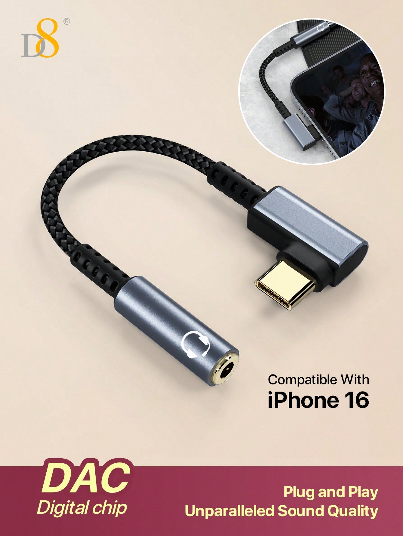 D8 USB-C to 3.5mm 오디오 어댑터 스마트폰 · 태블릿 · 노트북용 AUX 오디오 동글