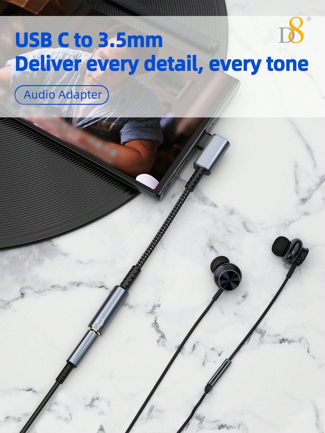 D8 USB-C to 3.5mm 오디오 어댑터 스마트폰 · 태블릿 · 노트북용 AUX 오디오 동글