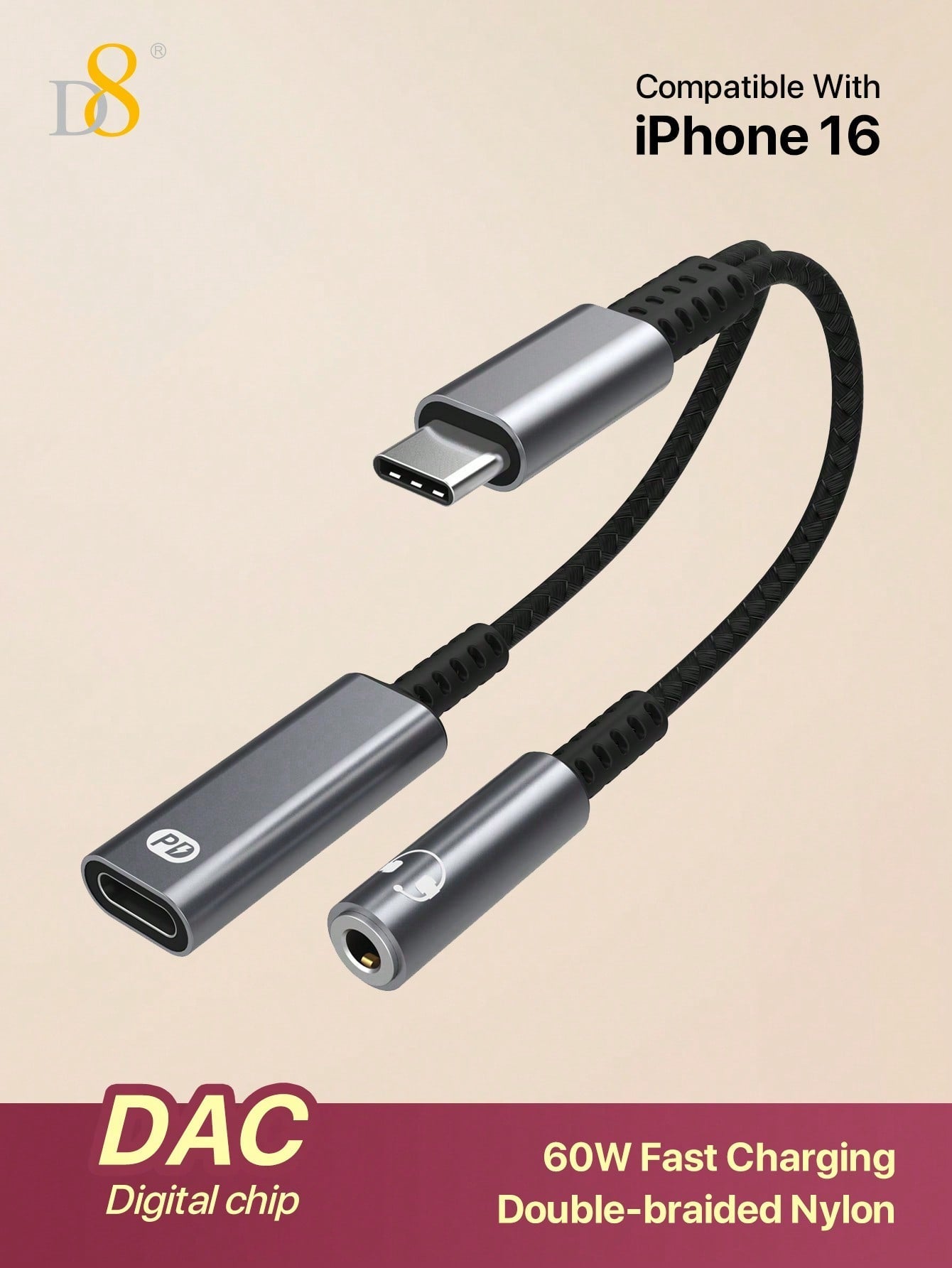 🔌 D8 USB-C to 3.5mm 2-in-1 어댑터 오디오 + 60W 고속 충전 | iPhone 16/15 Pro, Galaxy S23/S22+, iPad Pro 호환
